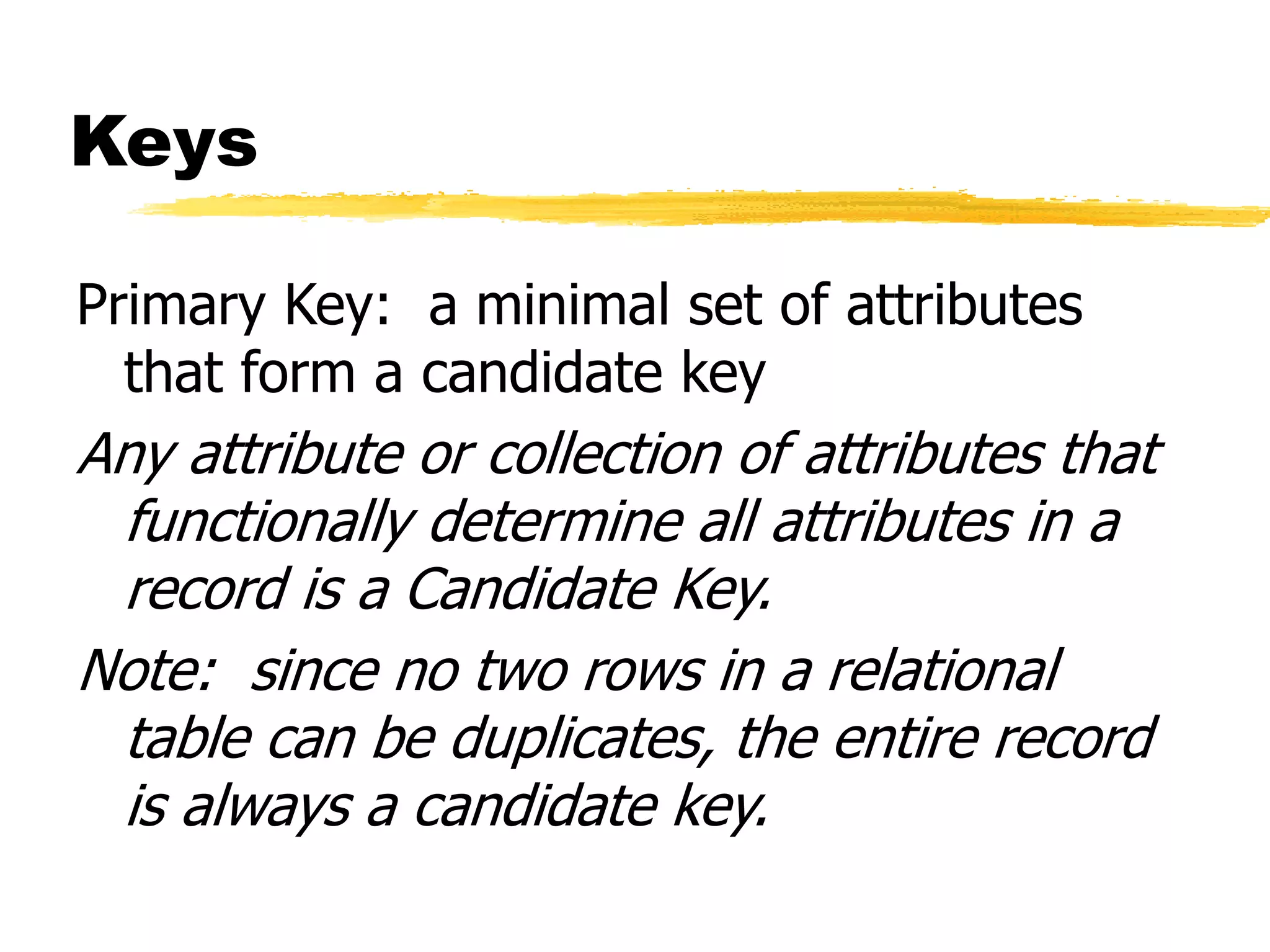 Keys
Primary Key: a minimal set of attributes
that form a candidate key
Any attribute or collection of attributes that
functionally determine all attributes in a
record is a Candidate Key.
Note: since no two rows in a relational
table can be duplicates, the entire record
is always a candidate key.
 