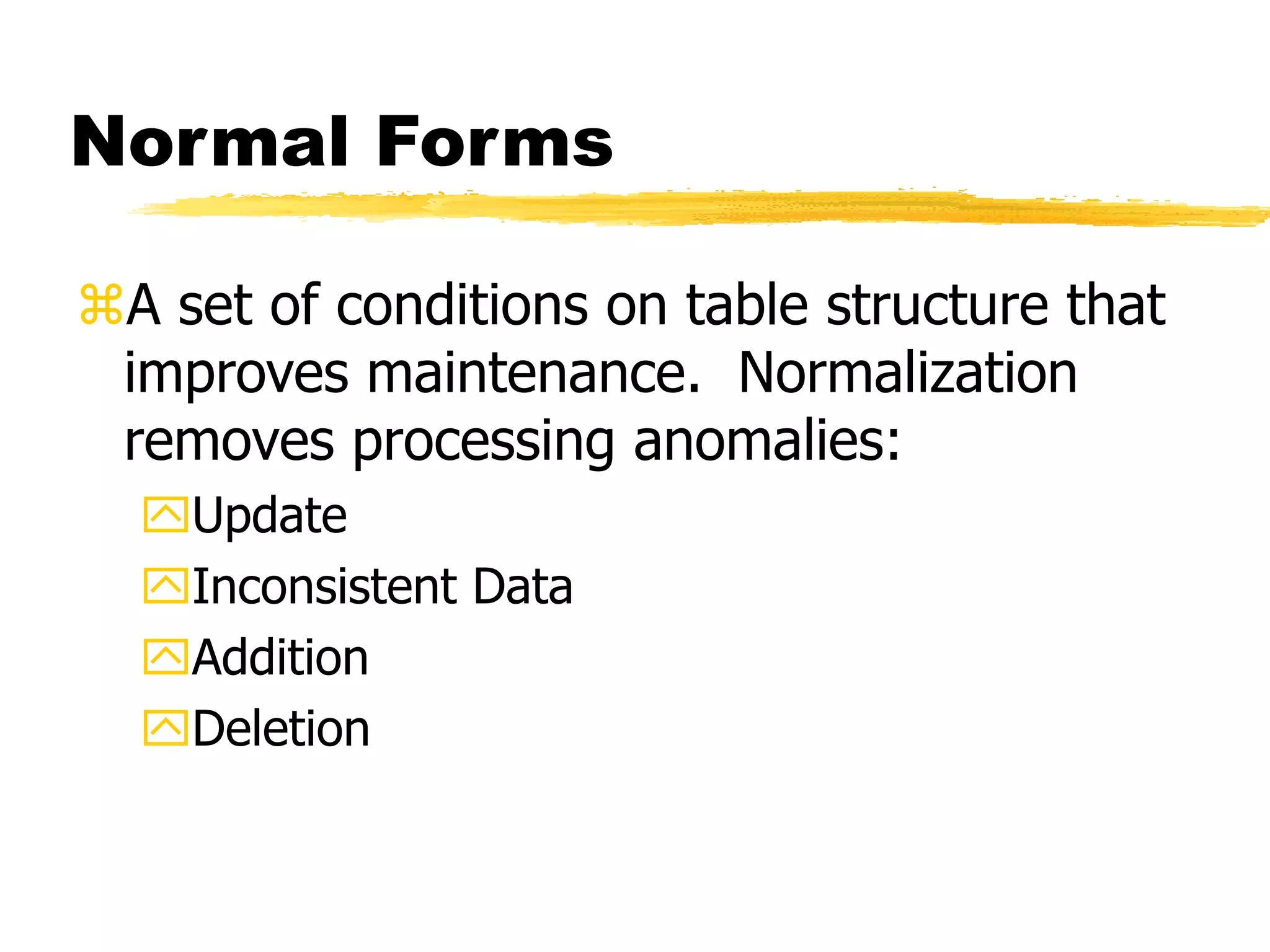 Normal Forms
A set of conditions on table structure that
improves maintenance. Normalization
removes processing anomalies:
Update
Inconsistent Data
Addition
Deletion
 