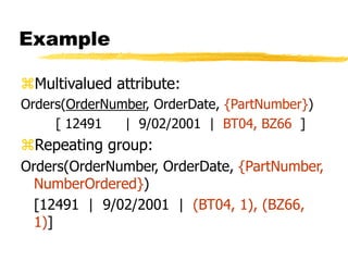 Example
Multivalued attribute:
Orders(OrderNumber, OrderDate, {PartNumber})
[ 12491 | 9/02/2001 | BT04, BZ66 ]
Repeating group:
Orders(OrderNumber, OrderDate, {PartNumber,
NumberOrdered})
[12491 | 9/02/2001 | (BT04, 1), (BZ66,
1)]
 