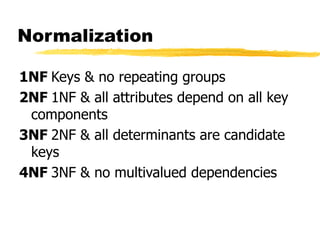 Normalization
1NF Keys & no repeating groups
2NF 1NF & all attributes depend on all key
components
3NF 2NF & all determinants are candidate
keys
4NF 3NF & no multivalued dependencies
 