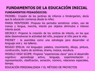 FUNDAMENTOS DE LA EDUCACIÓN INICIAL
FUNDAMENTOS PEDAGÓGICOS:
FROEBEL: Creador de los jardines de infancia o Kindergarten, decía
que la educación comienza desde la niñez.
MARIA MONTESORI :Propuso los periodos sensitivos: orden, uso de
manos y lengua, marcha, interés por objetos diminutos e intenso
interés social.
DECROLY: Propone la creación de los centros de interés, en los que
debe desenvolverse la actividad del niño, preparar al niño para la vida.
FREINET : la asamblea como una estrategia para desarrollar el
lenguaje oral y los talleres.
REGGIO EMILIA: mil lenguajes: palabra, movimiento, dibujo, pintura,
construcción, teatro de sombras, drama, música, escultura.
MODELO HIGH SCOPE: Propone “experiencias clave” para el desarrollo
cognitivo:    aprendizaje     activo,  lenguaje,   experimentación      y
representación, clasificación, seriación, número, relaciones espaciales,
tiempo.
EDUCACIÓN PERSONALIZADA Y EL MÉTODO DE PROYECTOS
 