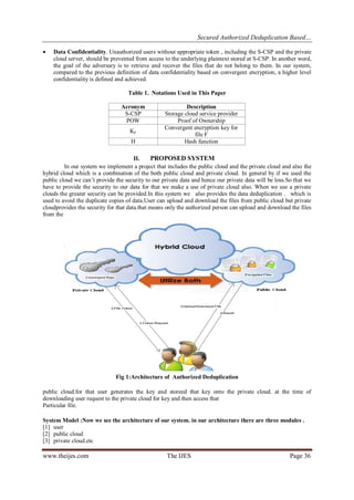 Secured Authorized Deduplication Based…
www.theijes.com The IJES Page 36
 Data Confidentiality. Unauthorized users without appropriate token , including the S-CSP and the private
cloud server, should be prevented from access to the underlying plaintext stored at S-CSP. In another word,
the goal of the adversary is to retrieve and recover the files that do not belong to them. In our system,
compared to the previous definition of data confidentiality based on convergent encryption, a higher level
confidentiality is defined and achieved.
Table 1. Notations Used in This Paper
Acronym Description
S-CSP Storage cloud service provider
POW Proof of Ownership
KF
Convergent encryption key for
file F
H Hash function
II. PROPOSED SYSTEM
In our system we implement a project that includes the public cloud and the private cloud and also the
hybrid cloud which is a combination of the both public cloud and private cloud. In general by if we used the
public cloud we can’t provide the security to our private data and hence our private data will be loss.So that we
have to provide the security to our data for that we make a use of private cloud also. When we use a private
clouds the greater security can be provided.In this system we also provides the data deduplication . which is
used to avoid the duplicate copies of data.User can upload and download the files from public cloud but private
cloudprovides the security for that data.that means only the authorized person can upload and download the files
from the
Fig 1:Architecture of Authorized Deduplication
public cloud.for that user generates the key and storeed that key onto the private cloud. at the time of
downloading user request to the private cloud for key and then access that
Particular file.
System Model :Now we see the architecture of our system. in our architecture there are three modules .
[1] user
[2] public cloud
[3] private cloud.etc
 