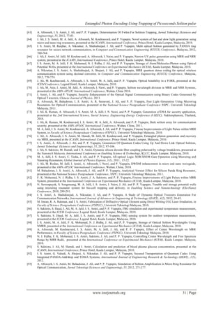 Entangled Photon Encoding Using Trapping of Picoseconds Soliton pulse
www.iosrjournals.org 31 | Page
[63] A. Afroozeh, I. S. Amiri, J. Ali, and P. P. Yupapin, Determination Of Fwhm For Solition Trapping, Jurnal Teknologi (Sciences and
Engineering), 55, 2012, 77-83.
[64] J. Ali, I. S. Amiri, M. A. Jalil, A. Afroozeh, M. Kouhnavard, and P. Yupapin, Novel system of fast and slow light generation using
micro and nano ring resonators, presented at the ICAMN, International Conference, Prince Hotel, Kuala Lumpur, Malaysia, 2010.
[65] I. S. Amiri, M. Ranjbar, A. Nikoukar, A. Shahidinejad, J. Ali, and P. Yupapin, Multi optical Soliton generated by PANDA ring
resonator for secure network communication, in Computer and Communication Engineering (ICCCE) Conference, Malaysia, 2012,
760-764.
[66] J. Ali, I. Amiri, M. Jalil, M. Kouhnavard, A. Afroozeh, I. Naim, and P. Yupapin, Narrow UV pulse generation using MRR and NRR
system, presented at the ICAMN, International Conference, Prince Hotel, Kuala Lumpur, Malaysia, 2010.
[67] I. S. Amiri, M. A. Jalil, F. K. Mohamad, N. J. Ridha, J. Ali, and P. P. Yupapin, Storage of Atom/Molecules/Photon using Optical
Potential Wells, presented at the International Conference on Experimental Mechanics (ICEM), Kuala Lumpur, Malaysia, 2010.
[68] A. Nikoukar, I. S. Amiri, A. Shahidinejad, A. Shojaei, J. Ali, and P. Yupapin, MRR quantum dense coding for optical wireless
communication system using decimal convertor, in Computer and Communication Engineering (ICCCE) Conference, Malaysia,
2012, 770-774.
[69] J. Ali, M. Kouhnavard, A. Afroozeh, I. S. Amiri, M. A. Jalil, and P. P. Yupapin, Optical bistability in a FORR, presented at the
ICEM Conference, Legend Hotel, Kuala Lumpur, Malaysia, 2010.
[70] J. Ali, M. Aziz, I. Amiri, M. Jalil, A. Afroozeh, I. Nawi, and P. Yupapin, Soliton wavelength division in MRR and NRR Systems,
presented at the AMN-APLOC International Conference, Wuhan, China 2010.
[71] I. Amiri, J. Ali, and P. Yupapin, Security Enhancement of the Optical Signal Communication using Binary Codes Generated by
Optical Tweezers, Chinese Journal of Physics, 2013.
[72] A. Afroozeh, M. Bahadoran, I. S. Amiri, A. R. Samavati, J. Ali, and P. P. Yupapin, Fast Light Generation Using Microring
Resonators for Optical Communication, presented at the National Science Postgraduate Conference NSPC, Universiti Teknologi
Malaysia, 2011.
[73] J. Ali, K. Raman, A. Afroozeh, I. S. Amiri, M. A. Jalil, I. N. Nawi, and P. P. Yupapin, Generation of DSA for security application,
presented at the 2nd International Science, Social Science, Engineering Energy Conference (I-SEEC), Nakhonphanom, Thailand,
2010.
[74] J. Ali, K. Raman, M. Kouhnavard, I. S. Amiri, M. A. Jalil, A. Afroozeh, and P. P. Yupapin, Dark soliton array for communication
security, presented at the AMN-APLOC International Conference, Wuhan, China, 2011.
[75] M. A. Jalil, I. S. Amiri, M. Kouhnavard, A. Afroozeh, J. Ali, and P. P. Yupapin, Finesse Improvements of Light Pulses within MRR
System, in Faculty of Science Postgraduate Conference (FSPGC), Universiti Teknologi Malaysia, 2010.
[76] J. Ali, A. Afroozeh, I. S. Amiri, M. Hamdi, M. Jalil, M. Kouhnavard, and P. Yupapin, Entangled photon generation and recovery
via MRR, presented at the ICAMN, International Conference, Prince Hotel, Kuala Lumpur, Malaysia, 2010.
[77] I. S. Amiri, A. Afroozeh, J. Ali, and P. P. Yupapin, Generation Of Quantum Codes Using Up And Down Link Optical Solition,
Jurnal Teknologi (Sciences and Engineering), 55, 2012, 97-106.
[78] J. Ali, S. Saktioto, M. Hamdi, and I. S. Amiri, Dynamic silicon dioxide fiber coupling polarized by voltage breakdown, presented at
the Nanotech Malaysia, International Conference on Enabling Science & Technology, KLCC, Kuala Lumpur, Malaysia, 2010.
[79] M. A. Jalil, I. S. Amiri, C. Teeka, J. Ali, and P. P. Yupapin, All-optical Logic XOR/XNOR Gate Operation using Microring and
Nanoring Resonators, Global Journal of Physics Express, 1(1), 2011, 15-22.
[80] J. Ali, M. Roslan, M. Jalil, I. Amiri, A. Afroozeh, I. Nawi, and P. Yupapin, DWDM enhancement in micro and nano waveguide,
presented at the AMN-APLOC International Conference, Wuhan, China, 2010.
[81] M. Bahadoran, I. S. Amiri, A. Afroozeh, J. Ali, and P. P. Yupapin, Analytical Vernier Effect for Silicon Panda Ring Resonator,
presented at the National Science Postgraduate Conference, NSPC, Universiti Teknologi Malaysia, 2011.
[82] F. K. Mohamad, N. J. Ridha, I. S. Amiri, J. A. Saktioto, and P. P. Yupapin, Finesse Improvements of Light Pulses within MRR
System, presented at the International Conference on Experimental Mechanics (ICEM), Kuala Lumpur, Malaysia, 2010.
[83] N. Suwanpayak, S. Songmuang, M. A. Jalil, I. S. Amiri, I. Naim, J. Ali, and P. P. Yupapin, Tunable and storage potential wells
using microring resonator system for bio-cell trapping and delivery, in Enabling Science and Nanotechnology (ESciNano)
Conference, 2010, 289-291.
[84] I. S. Amiri, A. Shahidinejad, A. Nikoukar, J. Ali, and P. Yupapin, A Study oF Dynamic Optical Tweezers Generation For
Communication Networks, International Journal of Advances in Engineering & Technology (IJAET), 4(2), 2012, 38-45.
[85] M. Imran, R. A. Rahman, and I. S. Amiri, Fabrication of Diffractive Optical Element using Direct Writing CO2 Laser Irradiation, in
Faculty of Science Postgraduate Conference (FSPGC), Universiti Teknologi Malaysia, 2010.
[86] S. Saktioto, S. Daud, J. Ali, M. A. Jalil, I. S. Amiri, and P. P. Yupapin, FBG simulation and experimental temperature measurement,
presented at the ICEM Conference, Legend Hotel, Kuala Lumpur, Malaysia, 2010.
[87] S. Saktioto, S. Daud, M. A. Jalil, I. S. Amiri, and P. P. Yupapin, FBG sensing system for outdoor temperature measurement,
presented at the ICEM Conference, Legend Hotel, Kuala Lumpur, Malaysia, 2010.
[88] I. S. Amiri, M. A. Jalil, F. K. Mohamad, N. J. Ridha, J. Ali, and P. P. Yupapin, Storage of Optical Soliton Wavelengths Using
NMRR, presented at the International Conference on Experimental Mechanics (ICEM), Kuala Lumpur, Malaysia, 2010.
[89] A. Afroozeh, M. Kouhnavard, I. S. Amiri, M. A. Jalil, J. Ali, and P. P. Yupapin, Effect of Center Wavelength on MRR
Performance, in Faculty of Science Postgraduate Conference (FSPGC), Universiti Teknologi Malaysia, 2010.
[90] N. J. Ridha, F. K. Mohamad, I. S. Amiri, Saktioto, J. Ali, and P. P. Yupapin, Controlling Center Wavelength and Free Spectrum
Range by MRR Radii, presented at the International Conference on Experimental Mechanics (ICEM), Kuala Lumpur, Malaysia,
2010.
[91] S. Saktioto, J. Ali, M. Hamdi, and I. Amiri, Calculation and prediction of blood plasma glucose concentration, presented at the
ICAMN, International Conference, Prince Hotel, Kuala Lumpur, Malaysia, 2010.
[92] I. S. Amiri, G. Vahedi, A. Shojaei, A. Nikoukar, J. Ali, and P. P. Yupapin, Secured Transportation of Quantum Codes Using
Integrated PANDA-Add/drop and TDMA Systems, International Journal of Engineering Research & Technology (IJERT), 1(5),
2012.
[93] A. Afroozeh, I. S. Amiri, M. Bahadoran, J. Ali, and P. P. Yupapin, Simulation of Soliton Amplification in Micro Ring Resonator for
Optical Communication, Jurnal Teknologi (Sciences and Engineering), 55, 2012, 271-277.
 