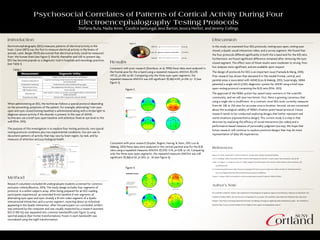 Psychosocial Correlates of Patterns of Cortical Activity During Four
Electroencephalography Testing Protocols
Stefania Buta, Nadia Amin, Candice Jaimungal, Jessi Barton, Jessica Herbst, and Jeremy Collings
Table 1.
When administering an EEG, the technician follows a special protocol depending
on the presenting symptoms of the patient. For example, alternating 1-min eyes
open and eyes closed (resting baseline) is administered along with a strobe light to
diagnose seizure activity if the disorder is present. In the case of ADHD,
technicians use a brief eyes open baseline with attention fixed at eye level to the
wall (FDA, 2013).
The purpose of this investigation is to explore four testing protocols, two typical
resting protocol conditions plus two experimental conditions. Our aim was to
document patterns of activity that may vary by brain region, by task, and by
measures of attention and psychological health.
Measurement Diagnostic Utility
Somatosensory evoked potentials Integrity of the spinal cord, brain stem, and thalamus
Continuous measurement
Long term monitoring of brain function for sleep disorders, in ICU, for coma
and cerebral death
Intraoperative monitoring Cerebral function under anesthesia during surgery
Abnormal wave forms Neurodegenerative disorders (e.g., Alzheimer’s Disease)
High frequency bursts Seizure disorder
Alpha band (α)
Most research contexts, e.g. emotion, psychological resilience, attention (most
reliable bandwidth)
Theta/Beta ratio (θ/β) Attention Deficit Hyperactivity Disorder (ADHD)
Introduction
Electroencephalography (EEG) measures patterns of electrical activity in the
brain. Caton (1875) was the first to measure electrical activity in the brains of
animals. Later, Berger (1929) discovered that electrical activity could be measured
from the human brain (see Figure 1). Shortly thereafter and still to present day,
EEG has become popular as a diagnostic tool in hospitals and neurology practices
(see Table 1).
Method
Research volunteers included 44 undergraduate students screened for common
exclusion criteria (Boutros, 2013). The study design includes four segments of
protocol, in a within subjects array. After being prepared for an EEG reading,
participants experienced an extended 8-min baseline (1-min segments of
alternating eyes open and eyes closed); a 10-min video segment of a dyadic
interpersonal interaction; and a survey segment, reporting about an individual
appearing in the dyadic interaction. After the participant run concluded, artifact
was removed by the computer and was visually inspected by a research assistant.
EEG (1-100 Hz) was separated into common bandwidths (see Figure 2) using
spectral analysis (fast Fortier transformation). Power in each bandwidth was
normalized using the log10 transformation.
Discussion
In this study we examined four EEG protocols, resting eyes open, resting eyes
closed, a dyadic social interaction video, and a survey segment. We found that
the four protocols differed significantly in both the α band and for the θ/β ratio.
Furthermore, we found significant difference remained after removing the eyes
closed segment. The effect sizes of these results were moderate to strong. Post-
hoc analyses were significant, and are available upon request.
The design of protocols for EEG is an important issue (Yamada & Meng, 2010).
Prior research has shown that elevated θ in the medial frontal, central, and
parietal areas is associated with ADHD (Loo & Makeig, 2012). Surprisingly, NEBA
patented a single site (Cz) EEG diagnostic system for ADHD using a brief eyes
open resting protocol computing the θ/β ratio (FDA, 2013).
The approval of the NEBA system has raised many concerns in the scientific
community, and we will raise two herein. First, there is growing consensus that
using a single site is insufficient. As a contrast, most EEG work currently measures
from 64, 128, or 256 sites for accurate source location. Second, we are concerned
about the ecological validity of NEBA’s fixation point based protocol. Future
research needs to be conducted exploring designs that better represent real
world situations (representative design). This current study is a step in that
direction by exploring the efficacy of social interactions (on video) and a
performance-based measure of personality judgment (survey). We hope that
future research will continue to explore protocol designs that may be more
representative of daily life experiences.
Author’s Note
We would like to thank Dr. Oulette, Chair, Department of Psychology for her generous support of our laboratory. Thank you to Greg Sharer, Vice
President of Student Affairs, who was the source of inspiration for our project. We would like to also thank Amy Henderson-Harr, Sponsored
Programs. Claire Payne, Psychology Department Secretary, for helping us through our registering needs and laboratory orders. We would like to
thank the Dean, Provost, and the President of the College for their support of undergraduate research.
References
Boutros, N. N. (2013). Standard EEG: A research roadmap for neuropsychiatry. Springer International Publishing.
Loo, S. K., & Makeig, S. (2012). Clinical utility of EEG in attention-deficit/hyperactivity disorder: A research update. Neurotherapeutics, 9(3), 569-587.
Snyder, S. M., Rugino, T. A., Hornig, M., & Stein, M. A. (2015). Integration of an EEG biomarker with a clinician’s ADHD evaluation. Brain and behavior, 5(4).
doi:10.1002/brb3.330
U.S. Food and Drug Administration. (2013). FDA permits marketing of first brain wave test to help assess children and teens for ADHD. Retrieved from
http://www.fda.gov/NewsEvents/Newsroom/PressAnnouncements/ucm360811.htm
Yamada, T., & Meng, E. (2012). Practical guide for clinical neurophysiologic testing: EEG. Lippincott Williams & Wilkins.
Figure 4.
Consistent with prior research (Snyder, Rugino, Hornig, & Stein, 2015; Loo &
Makeig, 2012) these data were analyzed in the central-parietal area for the θ/β
ratio using a repeated measures ANOVA F(3,129) =3.14, p=.028, η=.26. Comparing
only the three eyes open segments, the repeated measures ANOVA was still
significant F(2,86)=6.54, p=.002, η= .36 (see Figure 4).
Results
Consistent with prior research (Davidson, et al, 1990) these data were analyzed in
the frontal area for the α band using a repeated measures ANOVA F(3,129)
=97.32, p=.001, η=.83. Comparing only the three eyes open segments, the
repeated measures ANOVA was still significant F(2,86)=4.49, p=.014, η= .31 (see
Figure 3).
Figure 3.
 