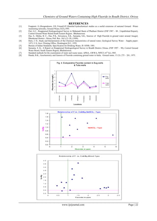 Chemistry of Ground Waters Containing High Fluoride in Boudh District, Orissa
REFERENCES

F ig . 4 :C o m p arative F lu o rid e co n ten t in D u g w ells
& T u b e w ells
7
6

D ug
w ells

5
4

T ube
w ells

3
2
1

Jharkamal

Tril ochanpur

Bhal igora

Nedisahi

0
Chatrang

[7]
[8]

Kharbhuin

[5]
[6]

Charichak

[4]

Fluoride (in mg/L)

[3]

Locations

Re lations hip of F vs . Ca&M g-NaHCO3 - Type

1.8
1.6
1.4
1.2

Ca/Mg

[2]

Frapporti. G.,Hoogendoorn, J.H.,Vriend,S.P.,Detailed hydrochemical studies as a useful extension of national Ground –Water
monitoring networks, Ground Water,33(5),1995.
Pati, G.C., Reappraisal Hydrogeological Survey in Mahanadi Basin of Phulbani District (FSP 1987 – 88 , Unpublished Report),
Central Ground Water Board.South Eastern Region , Bhubaneswar.
Das, S., Mehta, B. C., Das, P.K., Srivastava, S.K., Samanta, S.K., Sources of High Fluoride in ground water around Anugul,
Dhenkenal District , Orissa, Poll. Res. 18(1):21-28, (1999).
Hem, J. D., Study and Interpretation of the Chemical characteristics of natural water, Geological Survey Water – Supply paper1473, U.S. Govt. Printing Office, Washington D.C, 1959.
Bureau of Indian Standards, Specification for Drinking Water, IS 10500, 1991.
Samanta, S. K., A Report on Reappraisal Hydrogeological Survey in Boudh District, Orissa, (FSP 1997 – 98), Central Ground
Water Board, South Eastern Region, Bhubaneswar.
Standard methods for the examination of water and waste water, APHA, AWWA, WPCF,16 th Ed.,1985.
Handa, B.K., Geochemistry and Genesis of Fluoride containing ground water in India. Ground water, 13 (3): 275 – 281, 1975.

1.0

NaHCO3 - Type

0.8
0.6
0.4
0.2
0.0
0

1

2

3

4

5

6

Fluoride in ppm

R e la tio n s h ip o f F

v s . C a & M g -M ix e d T y p e

4 .0
3 .6
3 .2
2 .8
2 .4

Ca / Mg

[1]

2 .0
1 .6
1 .2
0 .8
0 .4
0 .0
0

0 .5

1

1 .5

2

2 .5

3

3 .5

F lu o rid e in p p m

www.ijeijournal.com

Page | 22

 