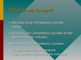 What do we do next?What do we do next?
• Develop Core Competency courseDevelop Core Competency course
syllabi.syllabi.
• Market Core Competency courses to theMarket Core Competency courses to the
Semiconductor Industry.Semiconductor Industry.
• Deliver Core Competency courses.Deliver Core Competency courses.
• Closely monitor and measureClosely monitor and measure
improvements gained in the industry.improvements gained in the industry.
 