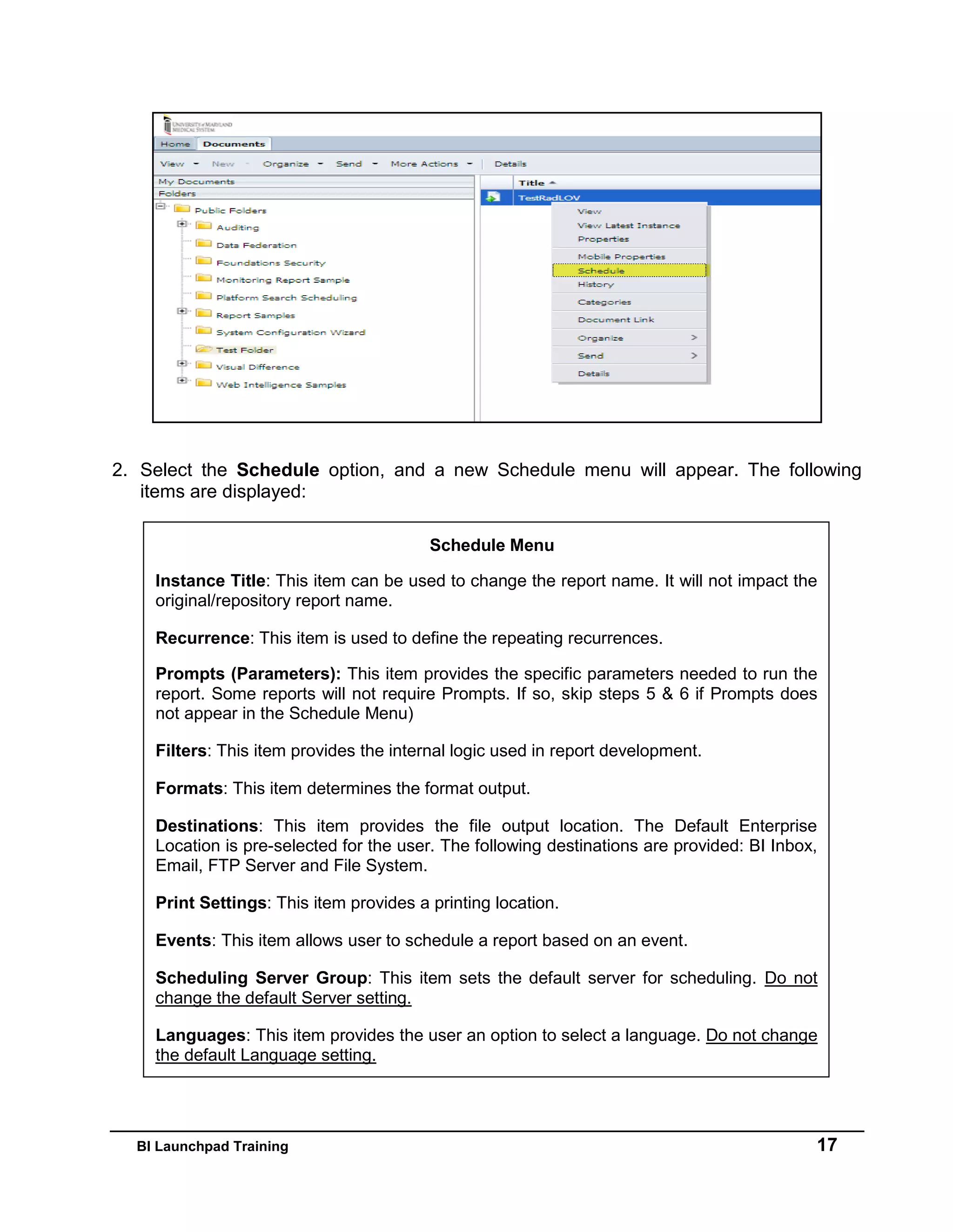 BI Launchpad Training 17
2. Select the Schedule option, and a new Schedule menu will appear. The following
items are displayed:
Schedule Menu
Instance Title: This item can be used to change the report name. It will not impact the
original/repository report name.
Recurrence: This item is used to define the repeating recurrences.
Prompts (Parameters): This item provides the specific parameters needed to run the
report. Some reports will not require Prompts. If so, skip steps 5 & 6 if Prompts does
not appear in the Schedule Menu)
Filters: This item provides the internal logic used in report development.
Formats: This item determines the format output.
Destinations: This item provides the file output location. The Default Enterprise
Location is pre-selected for the user. The following destinations are provided: BI Inbox,
Email, FTP Server and File System.
Print Settings: This item provides a printing location.
Events: This item allows user to schedule a report based on an event.
Scheduling Server Group: This item sets the default server for scheduling. Do not
change the default Server setting.
Languages: This item provides the user an option to select a language. Do not change
the default Language setting.
 