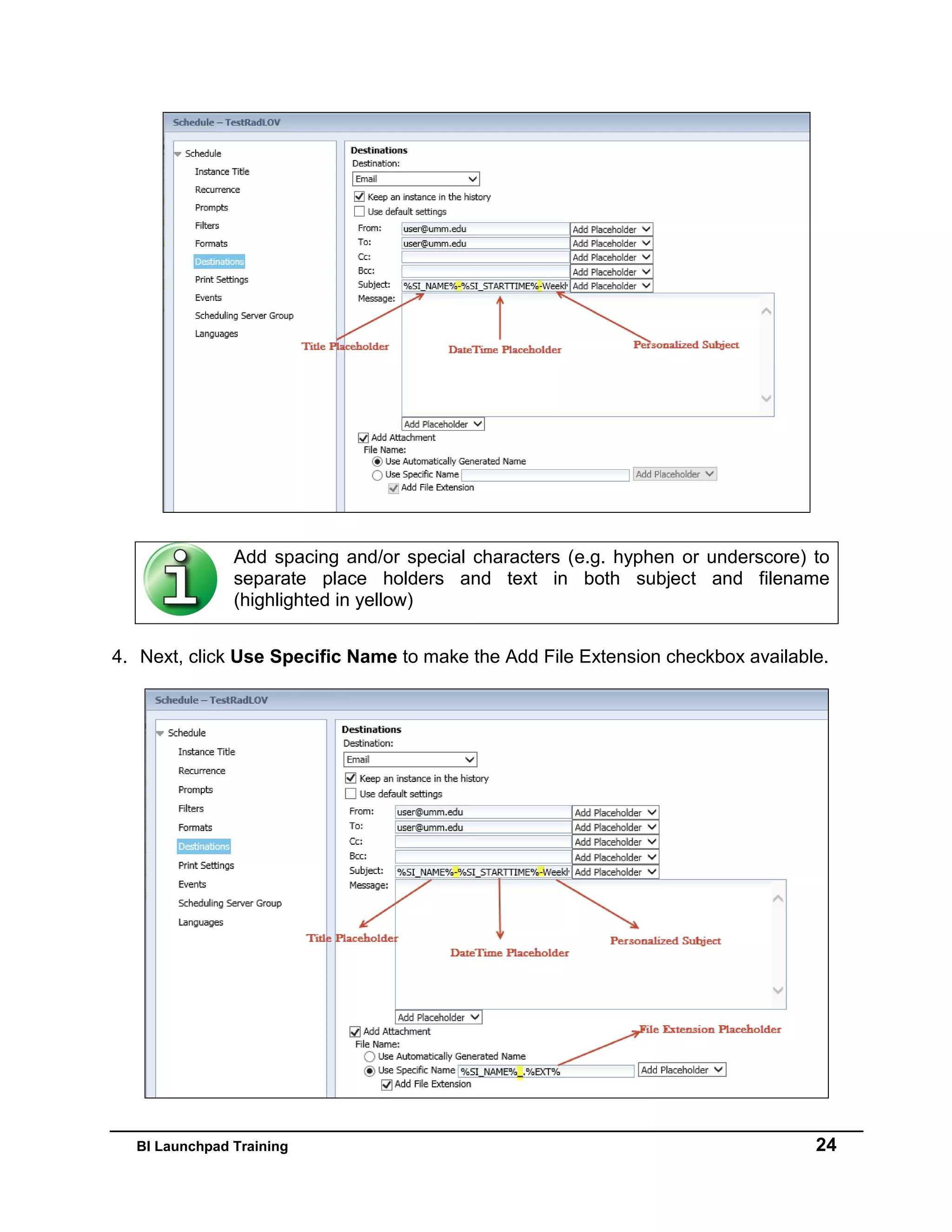 BI Launchpad Training 24
4. Next, click Use Specific Name to make the Add File Extension checkbox available.
Add spacing and/or special characters (e.g. hyphen or underscore) to
separate place holders and text in both subject and filename
(highlighted in yellow)
 