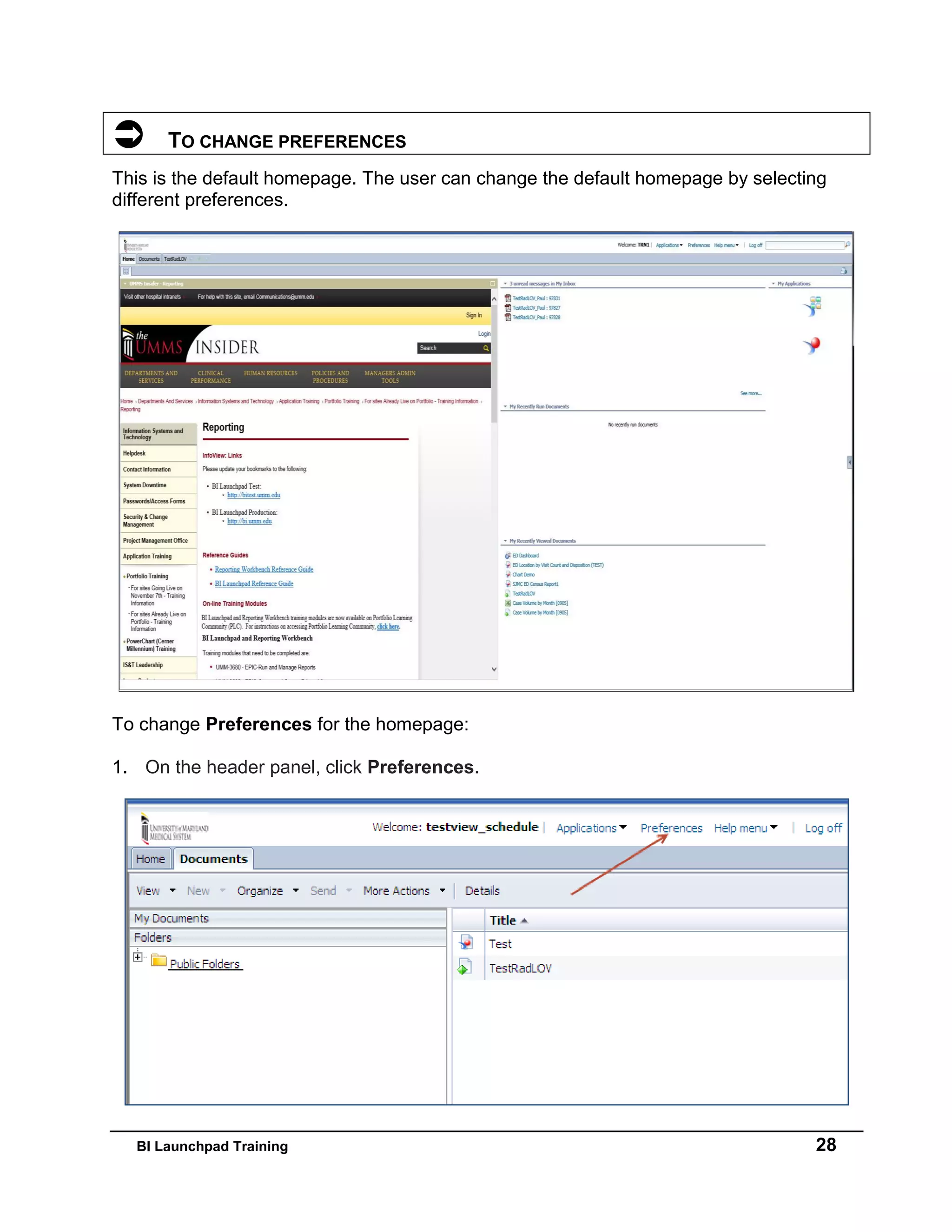 BI Launchpad Training 28
 TO CHANGE PREFERENCES
This is the default homepage. The user can change the default homepage by selecting
different preferences.
To change Preferences for the homepage:
1. On the header panel, click Preferences.
 