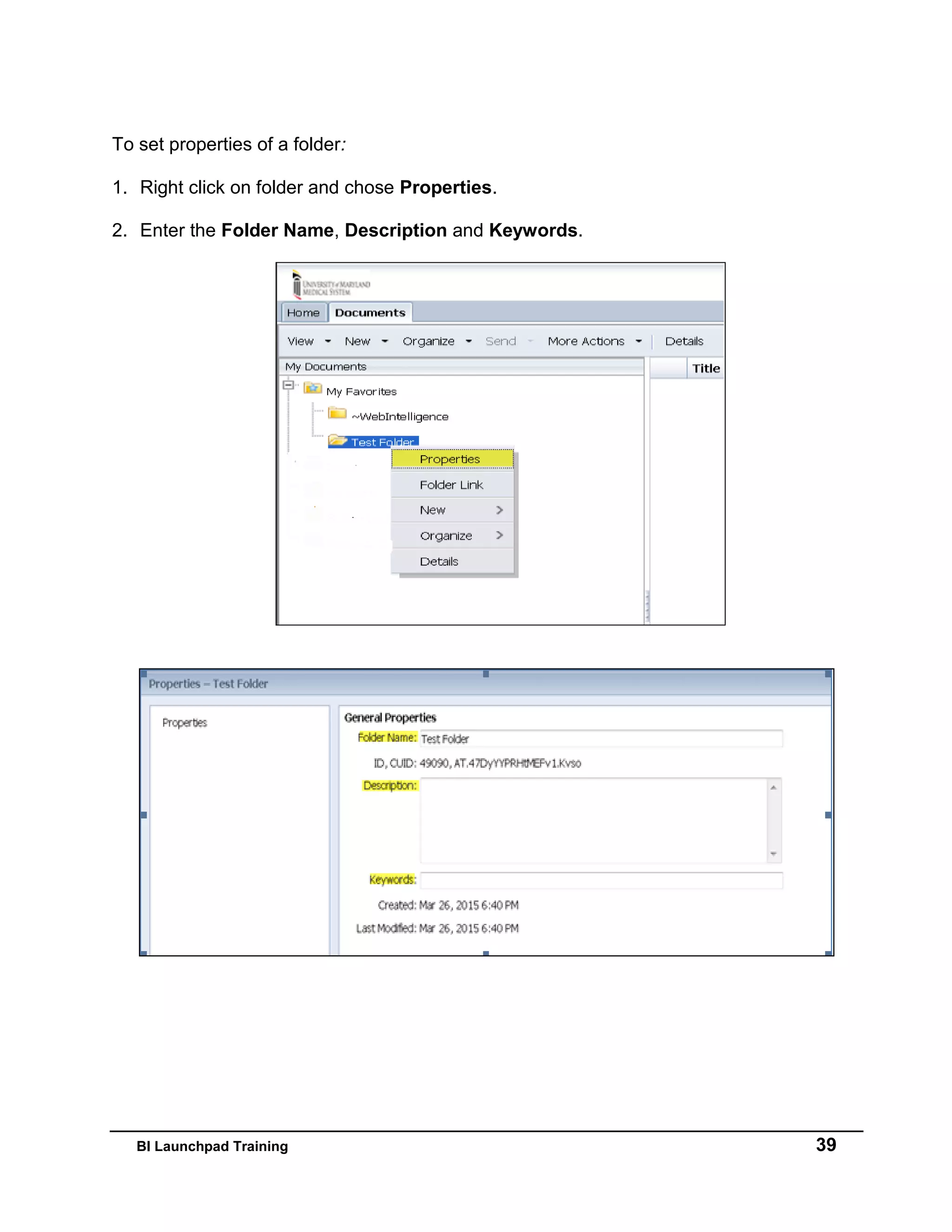 BI Launchpad Training 39
To set properties of a folder:
1. Right click on folder and chose Properties.
2. Enter the Folder Name, Description and Keywords.
 