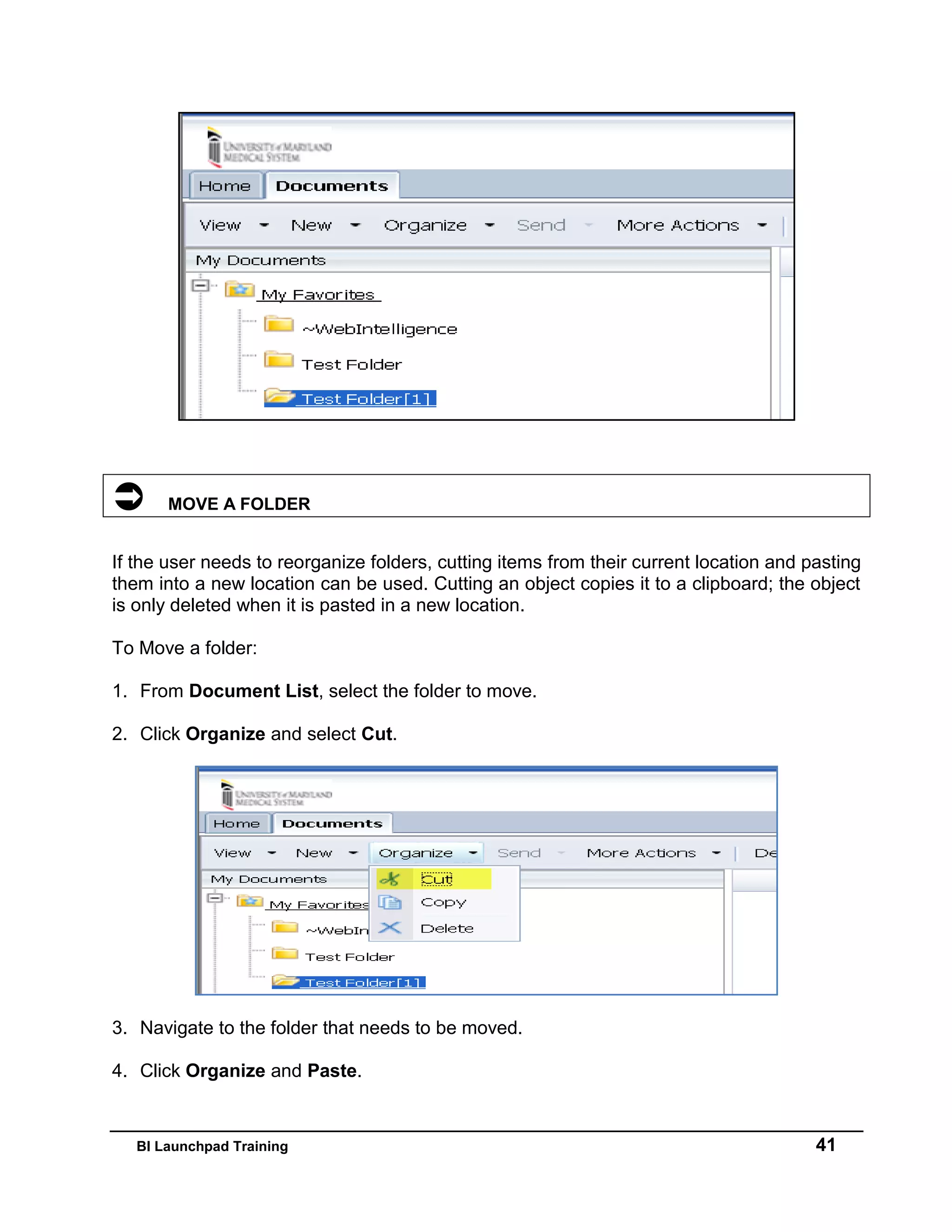BI Launchpad Training 41
 MOVE A FOLDER
If the user needs to reorganize folders, cutting items from their current location and pasting
them into a new location can be used. Cutting an object copies it to a clipboard; the object
is only deleted when it is pasted in a new location.
To Move a folder:
1. From Document List, select the folder to move.
2. Click Organize and select Cut.
3. Navigate to the folder that needs to be moved.
4. Click Organize and Paste.
 