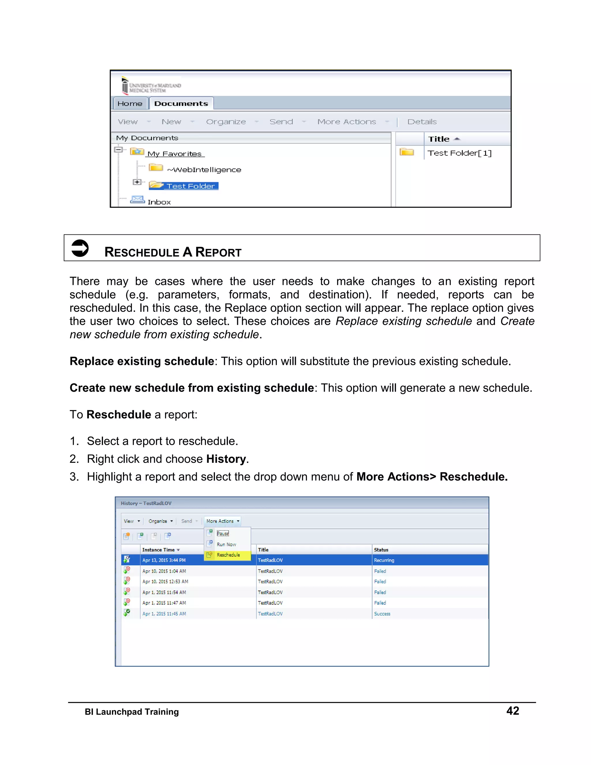 BI Launchpad Training 42
 RESCHEDULE A REPORT
There may be cases where the user needs to make changes to an existing report
schedule (e.g. parameters, formats, and destination). If needed, reports can be
rescheduled. In this case, the Replace option section will appear. The replace option gives
the user two choices to select. These choices are Replace existing schedule and Create
new schedule from existing schedule.
Replace existing schedule: This option will substitute the previous existing schedule.
Create new schedule from existing schedule: This option will generate a new schedule.
To Reschedule a report:
1. Select a report to reschedule.
2. Right click and choose History.
3. Highlight a report and select the drop down menu of More Actions> Reschedule.
 