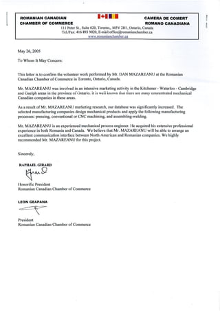 Reference Letter from Romanian Canadian Chamber of Commerce in Toronto