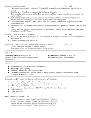 FINANCIAL AID COUNSELOR 2001 - 2005
• Coordinated outreach activities to incoming freshmen, high school students, and their parents to explain the aid
process.
• Counseled up to 400 students per year regarding the financial aid process.
• Demonstrated ability to empathize with students and parents to address concerns in an effort resolve conflicts and
prevent escalation.
• Demonstrated ability to analyze, research, and resolve customer issues and cross-operational complaints in an
articulate manner by exercising good decision making skills and independent judgement.
• Collaborated with the Registrar’s Office, Finance Office, and Admission Office to assist and provide to students
accurate information.
• Administered direct loan entrance and exit interviews as well as prepared and explained student award offers on a daily
basis.
• Collected, compiled, compared, analyzed, and reported data for weekly, monthly, midyear, and annual reports using
Crystal Reports and SCT Banner.
FINANCIAL AID COUNSELING ASSISTANT 1999 - 2001
• Provided students, parents, faculty, staff, and the community with information on policies and procedures relative to
financial assistance.
• Counseled students regarding financial aid.
GRADUATE INTAKE, PHONE COUNSELOR, SWITCHBOARD OPERATOR 1994 - 1999
• Provided financial aid counseling to graduate students.
• Disseminated policies and procedures to students, faculty, and staff.
EDUCATION
Norfolk State University, Norfolk, VA
Master of Arts in Media Broadcast Management and
Administration
Old Dominion University, Norfolk, VA
Bachelor of Science in Communications
TECHNOLOGY
• Microsoft: Word, Excel, PowerPoint, Access, Outlook
• Reporting: Crystal Reporting
• Financial Aid Software: Elucian Banner, SAFE
• Database: National Student Loan Data System (NSLDS), Common Origination & Disbursement (COD),
EDExpress, VAOnce, FAA Access
PROFESSIONAL DEVELOPMENT TRAINING,CONFERENCES & WORKSHOPS
• Customer Service Training (Old Dominion University)
• Supervisory Training (Bryant and Stratton University, Old Dominion University)
• VA Certifying Official (US Veteran’s Administration)
• Critical Response in Higher Education (FEMA through Old Dominion University)
• CAA Conference
• LMDC-Track One
ORGANIZATIONS & AFFILIATIONS
• Virginia Association of Student Financial Aid Administrators (VASFAA)
• Southern Association of Student Financial Aid Administrators (SASFAA)
• National Association of Student Financial Aid Administrators (NASFAA)
• National Association of Veteran’s Program Administrators (NAVPA)
 