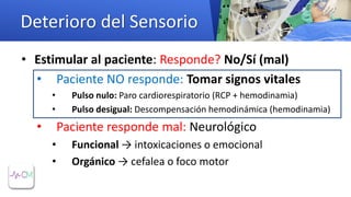 • Estimular al paciente: Responde? No/Sí (mal)
• Paciente NO responde: Tomar signos vitales
• Pulso nulo: Paro cardiorespiratorio (RCP + hemodinamia)
• Pulso desigual: Descompensación hemodinámica (hemodinamia)
• Paciente responde mal: Neurológico
• Funcional → intoxicaciones o emocional
• Orgánico → cefalea o foco motor
Deterioro del Sensorio
 