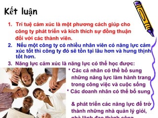 Trí tuệ cảm xúc là một phương cách giúp cho công ty phát triển và kích thích sự đồng thuận  đối với các thành viên . 2.  Nếu một công ty có nhiều nhân viên có năng lực cảm xúc tốt thì công ty đó sẽ tồn tại lâu hơn và hưng thịnh tốt hơn.   3.  Năng lực cảm xúc là năng lực có thể học được: * Các cá nhân có thể bổ sung những năng lực làm hành trang trong công việc và cuộc sống  * Các doanh nhân có thể bổ sung  & phát triển các năng lực để trở  thành những nhà quản lý giỏi,  nhà lãnh đạo thành công. Kết luận   