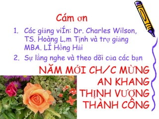 Cám ơn Các giảng viên: Dr. Charles Wilson, TS. Hoàng Lâm Tịnh và trợ giảng MBA. Lê Hồng Hải  Sự lắng nghe và theo dõi của các bạn NĂM MỚI CHÚC MỪNG AN KHANG THỊNH VƯỢNG THÀNH CÔNG 