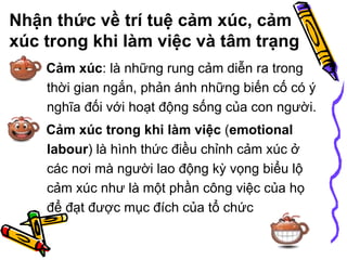 Nhận thức về trí tuệ cảm xúc, cảm xúc trong khi làm việc và tâm trạng Cảm xúc : là những rung cảm diễn ra trong thời gian ngắn, phản ánh những biến cố có ý nghĩa đối với hoạt động sống của con người. Cảm xúc trong khi làm việc  ( emotional labour ) là hình thức điều chỉnh cảm xúc ở các nơi mà người lao động kỳ vọng biểu lộ cảm xúc như là một phần công việc của họ để đạt được mục đích của tổ chức   