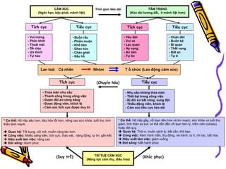Tích cực - Vui mừng - Phấn khởi - Thoải mái - Dễ chịu - Ưa thích - Tự hào Tiêu cực - Buồn rầu - Phiền muộn - Khổ tâm - Ghen tức - Chán ghét - Xấu hổ Tích cực - Yêu đời - Vui vẻ - Lạc quan - Hy vọng - An tâm - Tự tin Tiêu cực - Chán đời - Buồn bã - Bi quan - Thất vọng - Bất an - Tự ti (Chuyển hóa) Tích cực * Cơ thể:  Hô hấp sâu hơn, tiêu hóa tốt hơn, nâng cao sức khỏe, tuổi thọ, tinh thần lành mạnh.    Quan hệ:  Tốt bụng, cởi mở, muốn cộng tác hơn.    Công việc:  Nhiều sáng kiến, tích cực, tháo vát,  năng động, tự tin, gắn kết.    Hiệu suất làm việc:  nâng cao    Đời sống:  Hạnh phúc - Thỏa mãn nhu cầu - Thành công trong công việc - Được đối xử công bằng - Được động viên, khích lệ - Cảm xúc tích cực được duy trì Tiêu cực * Cơ thể:  Hô hấp gấp, rối lọan tiêu hóa và tim mạch, sức khỏe và tuổi thọ giảm, tinh thần sa sút; có thể dẫn đến rối lọan tâm lý, trầm cảm (stress) hoặc đột quỵ.    Quan hệ:  Thờ ơ, muốn cách ly, bất cần, thô bạo.    Công việc:  Kém minh mẫn, thụ động, né tránh, tự ti, rời rạc, bất hòa.    Hiệu suất làm việc:  giảm xuống    Đời sống:  Mất hạnh phúc - Nhu cầu không thỏa mãn - Thất bại trong công việc - Bị đối xử bất công, xung đột - Thiếu động viên, khích lệ - Cảm xúc tiêu cực kéo dài Thời gian kéo dài  CẢM XÚC (Ngắn hạn, bộc phát, mãnh liệt) TÂM TRẠNG (Kéo dài tương đối,  ít mãnh liệt hơn) Lan toả:  Cá nhân  Nhóm  T ổ chức (Lao động cảm xúc) TRÍ TUỆ CẢM XÚC (Năng lực cảm thụ, điều hòa) (Duy trì) (Khắc phục) 