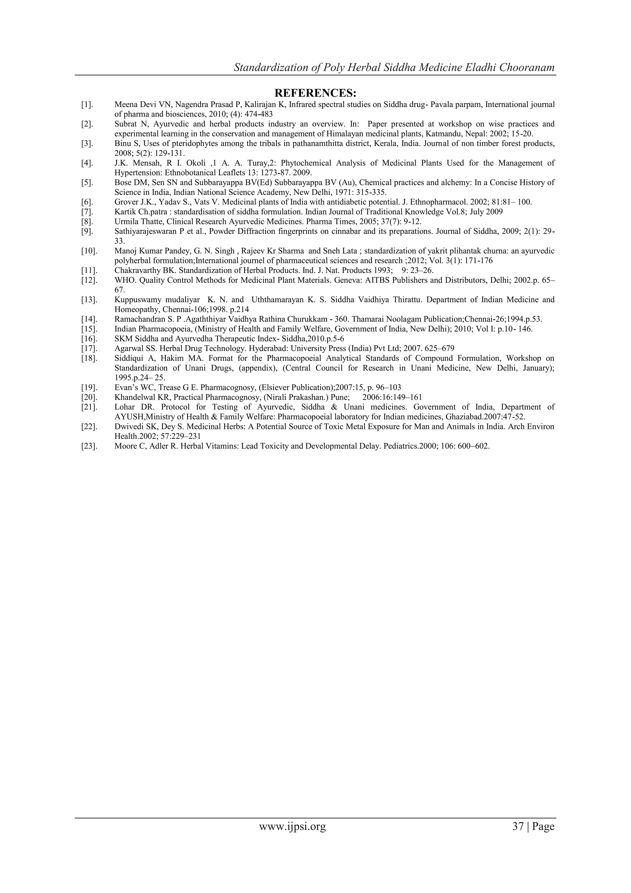 Standardization of Poly Herbal Siddha Medicine Eladhi Chooranam | PDF