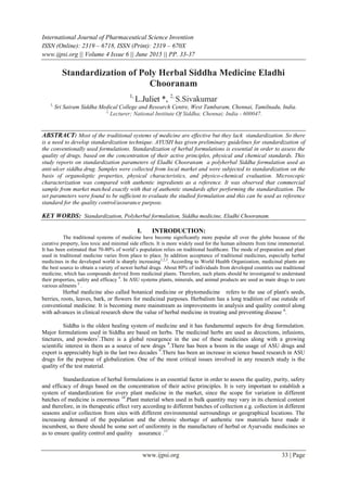 Standardization of Poly Herbal Siddha Medicine Eladhi Chooranam | PDF