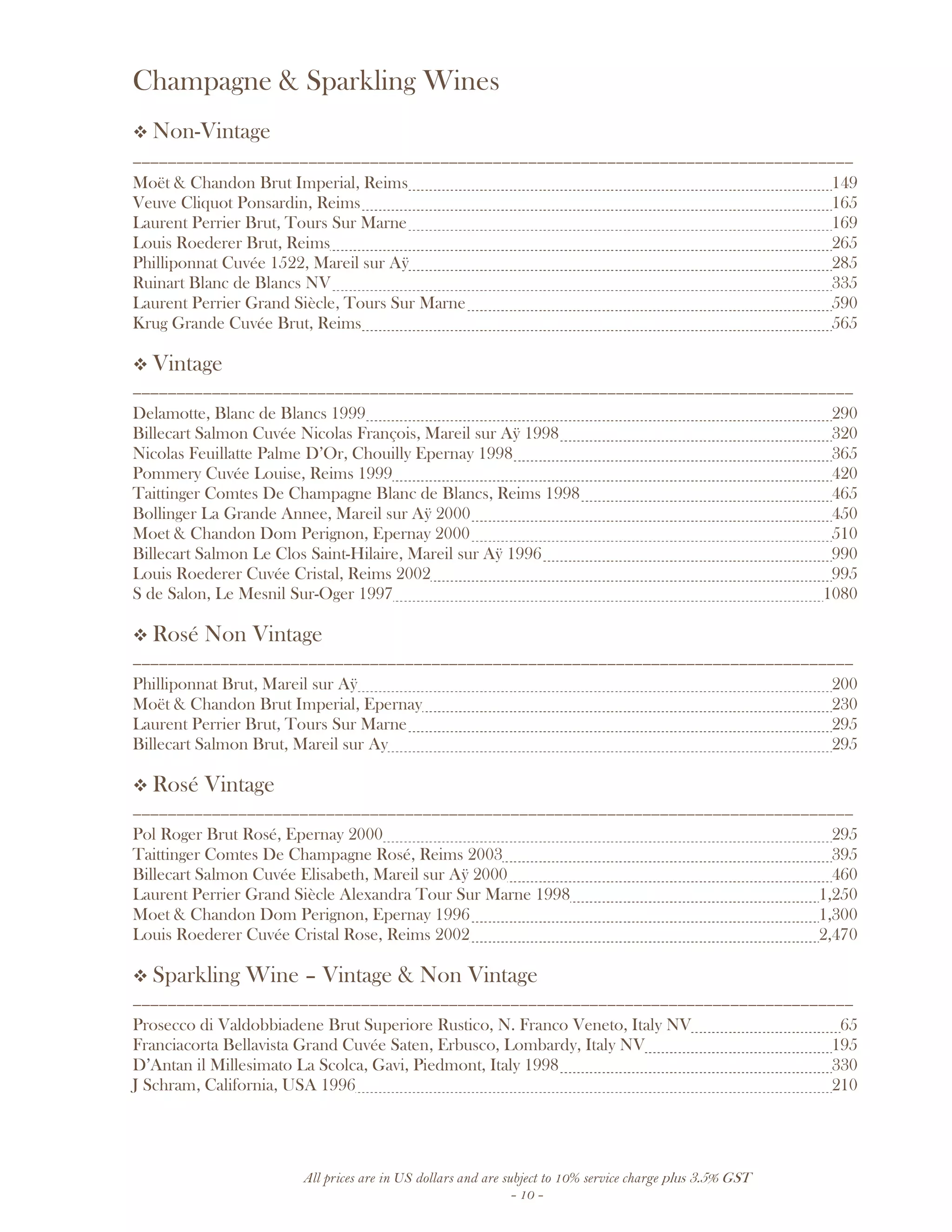 All prices are in US dollars and are subject to 10% service charge plus 3.5% GST
- 10 -
Champagne & Sparkling Wines
Non-Vintage
__________________________________________________________________________________
Moët & Chandon Brut Imperial, Reims 149
Veuve Cliquot Ponsardin, Reims 165
Laurent Perrier Brut, Tours Sur Marne 169
Louis Roederer Brut, Reims 265
Philliponnat Cuvée 1522, Mareil sur Aÿ 285
Ruinart Blanc de Blancs NV 335
Laurent Perrier Grand Siècle, Tours Sur Marne 590
Krug Grande Cuvée Brut, Reims 565
Vintage
__________________________________________________________________________________
Delamotte, Blanc de Blancs 1999 290
Billecart Salmon Cuvée Nicolas François, Mareil sur Aÿ 1998 320
Nicolas Feuillatte Palme D’Or, Chouilly Epernay 1998 365
Pommery Cuvée Louise, Reims 1999 420
Taittinger Comtes De Champagne Blanc de Blancs, Reims 1998 465
Bollinger La Grande Annee, Mareil sur Aÿ 2000 450
Moet & Chandon Dom Perignon, Epernay 2000 510
Billecart Salmon Le Clos Saint-Hilaire, Mareil sur Aÿ 1996 990
Louis Roederer Cuvée Cristal, Reims 2002 995
S de Salon, Le Mesnil Sur-Oger 1997 1080
Rosé Non Vintage
__________________________________________________________________________________
Philliponnat Brut, Mareil sur Aÿ 200
Moët & Chandon Brut Imperial, Epernay 230
Laurent Perrier Brut, Tours Sur Marne 295
Billecart Salmon Brut, Mareil sur Ay 295
Rosé Vintage
__________________________________________________________________________________
Pol Roger Brut Rosé, Epernay 2000 295
Taittinger Comtes De Champagne Rosé, Reims 2003 395
Billecart Salmon Cuvée Elisabeth, Mareil sur Aÿ 2000 460
Laurent Perrier Grand Siècle Alexandra Tour Sur Marne 1998 1,250
Moet & Chandon Dom Perignon, Epernay 1996 1,300
Louis Roederer Cuvée Cristal Rose, Reims 2002 2,470
Sparkling Wine – Vintage & Non Vintage
__________________________________________________________________________________
Prosecco di Valdobbiadene Brut Superiore Rustico, N. Franco Veneto, Italy NV 65
Franciacorta Bellavista Grand Cuvée Saten, Erbusco, Lombardy, Italy NV 195
D’Antan il Millesimato La Scolca, Gavi, Piedmont, Italy 1998 330
J Schram, California, USA 1996 210
 