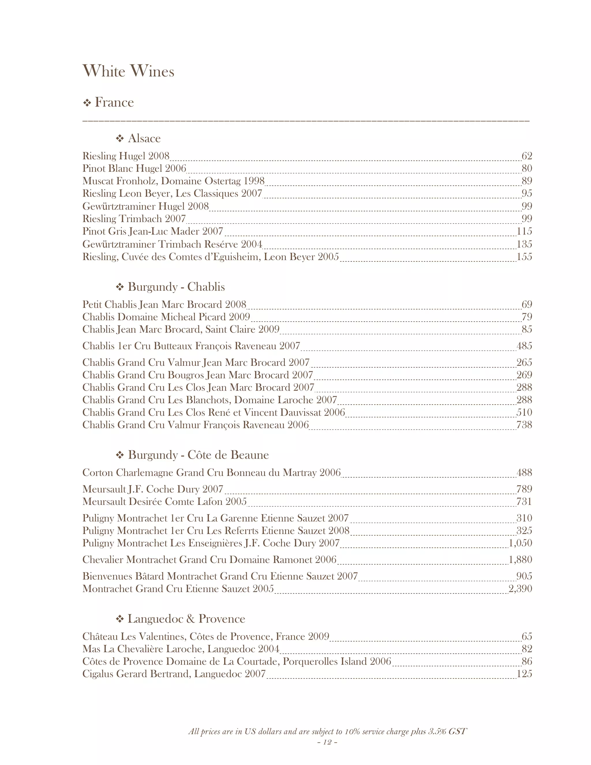 All prices are in US dollars and are subject to 10% service charge plus 3.5% GST
- 12 -
White Wines
France
__________________________________________________________________________________
Alsace
Riesling Hugel 2008 62
Pinot Blanc Hugel 2006 80
Muscat Fronholz, Domaine Ostertag 1998 89
Riesling Leon Beyer, Les Classiques 2007 95
Gewürtztraminer Hugel 2008 99
Riesling Trimbach 2007 99
Pinot Gris Jean-Luc Mader 2007 115
Gewürtztraminer Trimbach Resérve 2004 135
Riesling, Cuvée des Comtes d’Eguisheim, Leon Beyer 2005 155
Burgundy - Chablis
Petit Chablis Jean Marc Brocard 2008 69
Chablis Domaine Micheal Picard 2009 79
Chablis Jean Marc Brocard, Saint Claire 2009 85
Chablis 1er Cru Butteaux François Raveneau 2007 485
Chablis Grand Cru Valmur Jean Marc Brocard 2007 265
Chablis Grand Cru Bougros Jean Marc Brocard 2007 269
Chablis Grand Cru Les Clos Jean Marc Brocard 2007 288
Chablis Grand Cru Les Blanchots, Domaine Laroche 2007 288
Chablis Grand Cru Les Clos René et Vincent Dauvissat 2006 510
Chablis Grand Cru Valmur François Raveneau 2006 738
Burgundy - Côte de Beaune
Corton Charlemagne Grand Cru Bonneau du Martray 2006 488
Meursault J.F. Coche Dury 2007 789
Meursault Desirée Comte Lafon 2005 731
Puligny Montrachet 1er Cru La Garenne Etienne Sauzet 2007 310
Puligny Montrachet 1er Cru Les Referrts Etienne Sauzet 2008 325
Puligny Montrachet Les Enseignières J.F. Coche Dury 2007 1,050
Chevalier Montrachet Grand Cru Domaine Ramonet 2006 1,880
Bienvenues Bâtard Montrachet Grand Cru Etienne Sauzet 2007 905
Montrachet Grand Cru Etienne Sauzet 2005 2,390
Languedoc & Provence
Château Les Valentines, Côtes de Provence, France 2009 65
Mas La Chevalière Laroche, Languedoc 2004 82
Côtes de Provence Domaine de La Courtade, Porquerolles Island 2006 86
Cigalus Gerard Bertrand, Languedoc 2007 125
 