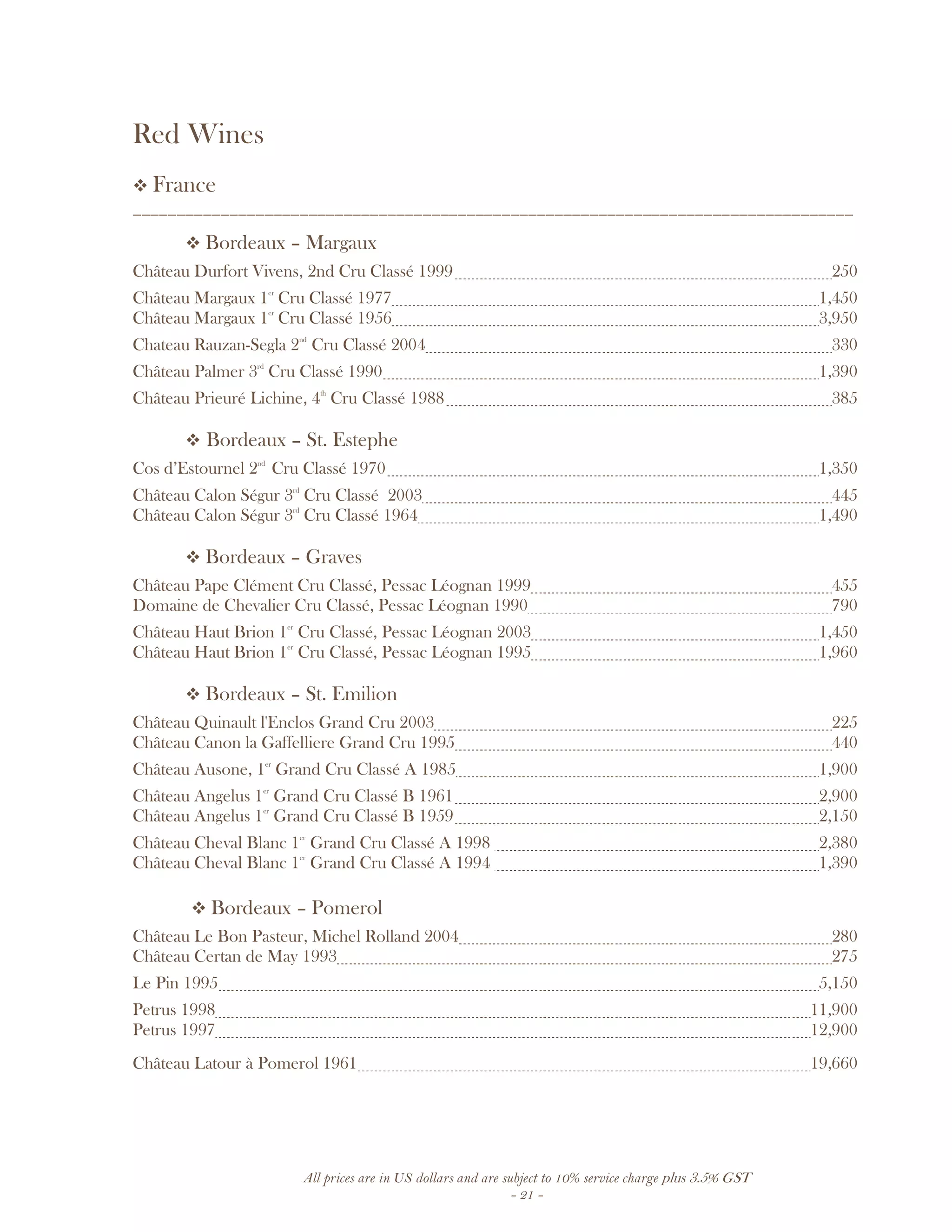 All prices are in US dollars and are subject to 10% service charge plus 3.5% GST
- 21 -
Red Wines
France
__________________________________________________________________________________
Bordeaux – Margaux
Château Durfort Vivens, 2nd Cru Classé 1999 250
Château Margaux 1er
Cru Classé 1977 1,450
Château Margaux 1er
Cru Classé 1956 3,950
Chateau Rauzan-Segla 2nd
Cru Classé 2004 330
Château Palmer 3rd
Cru Classé 1990 1,390
Château Prieuré Lichine, 4th
Cru Classé 1988 385
Bordeaux – St. Estephe
Cos d’Estournel 2nd
Cru Classé 1970 1,350
Château Calon Ségur 3rd
Cru Classé 2003 445
Château Calon Ségur 3rd
Cru Classé 1964 1,490
Bordeaux – Graves
Château Pape Clément Cru Classé, Pessac Léognan 1999 455
Domaine de Chevalier Cru Classé, Pessac Léognan 1990 790
Château Haut Brion 1er
Cru Classé, Pessac Léognan 2003 1,450
Château Haut Brion 1er
Cru Classé, Pessac Léognan 1995 1,960
Bordeaux – St. Emilion
Château Quinault l'Enclos Grand Cru 2003 225
Château Canon la Gaffelliere Grand Cru 1995 440
Château Ausone, 1er
Grand Cru Classé A 1985 1,900
Château Angelus 1er
Grand Cru Classé B 1961 2,900
Château Angelus 1er
Grand Cru Classé B 1959 2,150
Château Cheval Blanc 1er
Grand Cru Classé A 1998 2,380
Château Cheval Blanc 1er
Grand Cru Classé A 1994 1,390
Bordeaux – Pomerol
Château Le Bon Pasteur, Michel Rolland 2004 280
Château Certan de May 1993 275
Le Pin 1995 5,150
Petrus 1998 11,900
Petrus 1997 12,900
Château Latour à Pomerol 1961 19,660
 