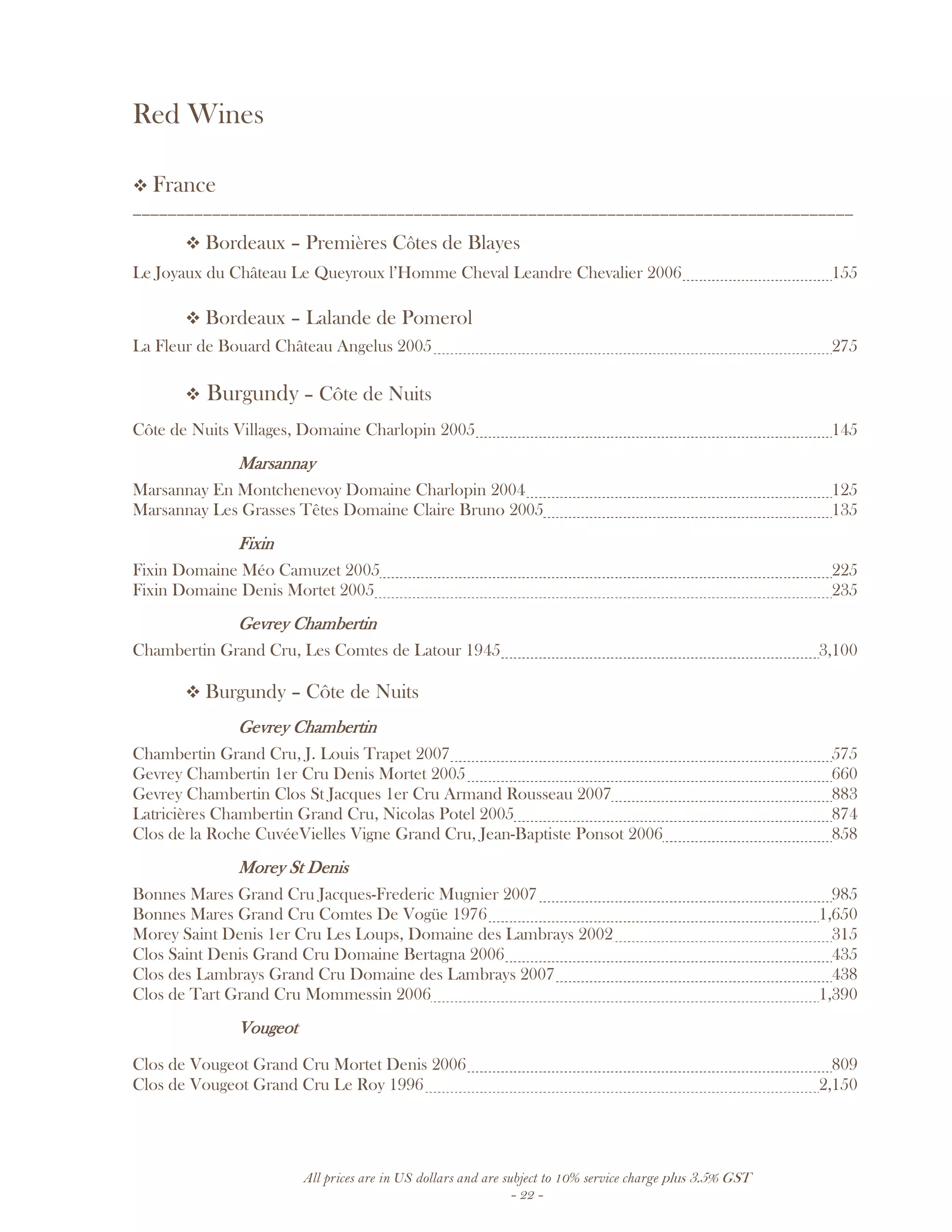 All prices are in US dollars and are subject to 10% service charge plus 3.5% GST
- 22 -
Red Wines
France
__________________________________________________________________________________
Bordeaux – Premières Côtes de Blayes
Le Joyaux du Château Le Queyroux l’Homme Cheval Leandre Chevalier 2006 155
Bordeaux – Lalande de Pomerol
La Fleur de Bouard Château Angelus 2005 275
Burgundy – Côte de Nuits
Côte de Nuits Villages, Domaine Charlopin 2005 145
MarsannayMarsannayMarsannayMarsannay
Marsannay En Montchenevoy Domaine Charlopin 2004 125
Marsannay Les Grasses Têtes Domaine Claire Bruno 2005 135
FixinFixinFixinFixin
Fixin Domaine Méo Camuzet 2005 225
Fixin Domaine Denis Mortet 2005 235
Gevrey ChambertinGevrey ChambertinGevrey ChambertinGevrey Chambertin
Chambertin Grand Cru, Les Comtes de Latour 1945 3,100
Burgundy – Côte de Nuits
Gevrey ChambertinGevrey ChambertinGevrey ChambertinGevrey Chambertin
Chambertin Grand Cru, J. Louis Trapet 2007 575
Gevrey Chambertin 1er Cru Denis Mortet 2005 660
Gevrey Chambertin Clos St Jacques 1er Cru Armand Rousseau 2007 883
Latricières Chambertin Grand Cru, Nicolas Potel 2005 874
Clos de la Roche CuvéeVielles Vigne Grand Cru, Jean-Baptiste Ponsot 2006 858
MorMorMorMorey St Denisey St Denisey St Denisey St Denis
Bonnes Mares Grand Cru Jacques-Frederic Mugnier 2007 985
Bonnes Mares Grand Cru Comtes De Vogüe 1976 1,650
Morey Saint Denis 1er Cru Les Loups, Domaine des Lambrays 2002 315
Clos Saint Denis Grand Cru Domaine Bertagna 2006 435
Clos des Lambrays Grand Cru Domaine des Lambrays 2007 438
Clos de Tart Grand Cru Mommessin 2006 1,390
VougeotVougeotVougeotVougeot
Clos de Vougeot Grand Cru Mortet Denis 2006 809
Clos de Vougeot Grand Cru Le Roy 1996 2,150
 