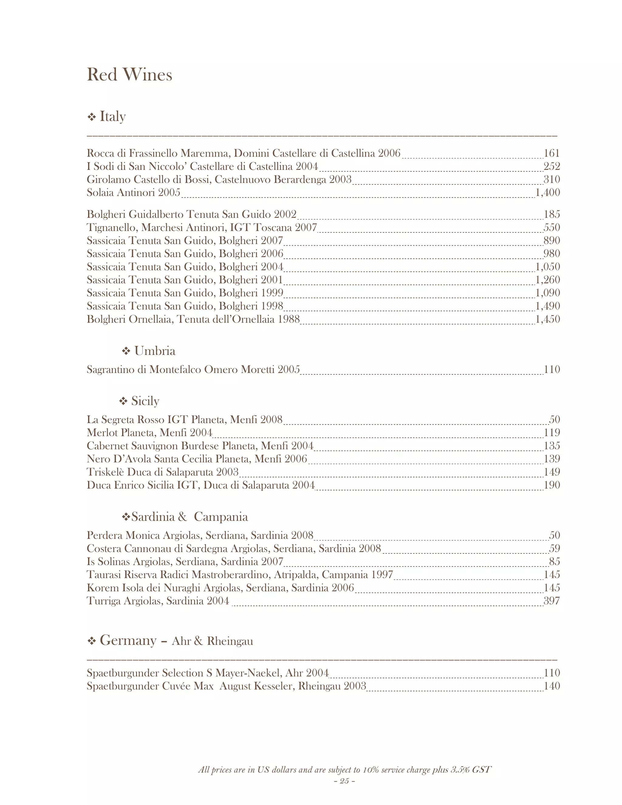 All prices are in US dollars and are subject to 10% service charge plus 3.5% GST
- 25 -
Red Wines
Italy
__________________________________________________________________________________
Rocca di Frassinello Maremma, Domini Castellare di Castellina 2006 161
I Sodi di San Niccolo’ Castellare di Castellina 2004 252
Girolamo Castello di Bossi, Castelnuovo Berardenga 2003 310
Solaia Antinori 2005 1,400
Bolgheri Guidalberto Tenuta San Guido 2002 185
Tignanello, Marchesi Antinori, IGT Toscana 2007 550
Sassicaia Tenuta San Guido, Bolgheri 2007 890
Sassicaia Tenuta San Guido, Bolgheri 2006 980
Sassicaia Tenuta San Guido, Bolgheri 2004 1,050
Sassicaia Tenuta San Guido, Bolgheri 2001 1,260
Sassicaia Tenuta San Guido, Bolgheri 1999 1,090
Sassicaia Tenuta San Guido, Bolgheri 1998 1,490
Bolgheri Ornellaia, Tenuta dell’Ornellaia 1988 1,450
Umbria
Sagrantino di Montefalco Omero Moretti 2005 110
Sicily
La Segreta Rosso IGT Planeta, Menfi 2008 50
Merlot Planeta, Menfi 2004 119
Cabernet Sauvignon Burdese Planeta, Menfi 2004 135
Nero D’Avola Santa Cecilia Planeta, Menfi 2006 139
Triskelè Duca di Salaparuta 2003 149
Duca Enrico Sicilia IGT, Duca di Salaparuta 2004 190
Sardinia & Campania
Perdera Monica Argiolas, Serdiana, Sardinia 2008 50
Costera Cannonau di Sardegna Argiolas, Serdiana, Sardinia 2008 59
Is Solinas Argiolas, Serdiana, Sardinia 2007 85
Taurasi Riserva Radici Mastroberardino, Atripalda, Campania 1997 145
Korem Isola dei Nuraghi Argiolas, Serdiana, Sardinia 2006 145
Turriga Argiolas, Sardinia 2004 397
Germany – Ahr & Rheingau
__________________________________________________________________________________
Spaetburgunder Selection S Mayer-Naekel, Ahr 2004 110
Spaetburgunder Cuvée Max August Kesseler, Rheingau 2003 140
 