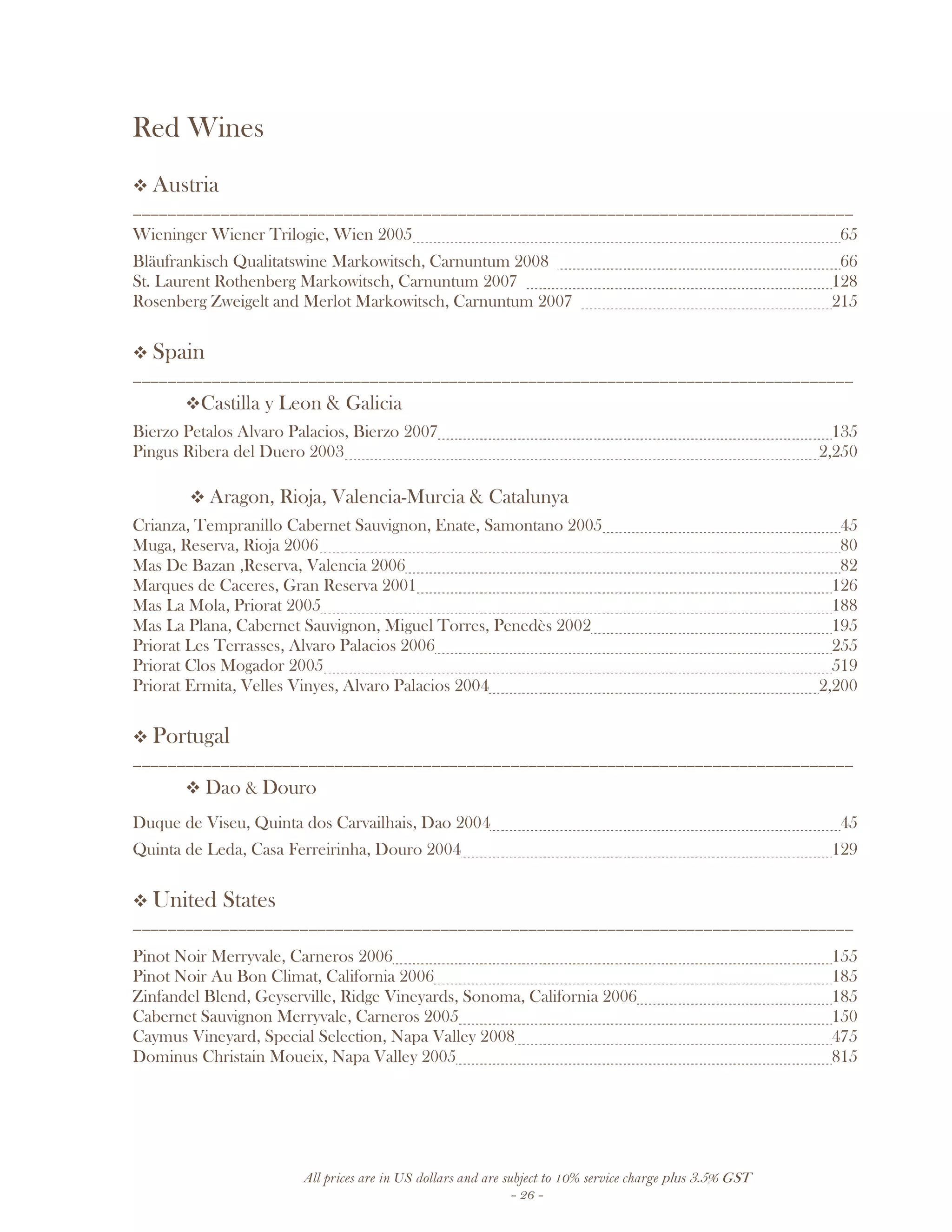 All prices are in US dollars and are subject to 10% service charge plus 3.5% GST
- 26 -
Red Wines
Austria
__________________________________________________________________________________
Wieninger Wiener Trilogie, Wien 2005 65
Bläufrankisch Qualitatswine Markowitsch, Carnuntum 2008 66
St. Laurent Rothenberg Markowitsch, Carnuntum 2007 128
Rosenberg Zweigelt and Merlot Markowitsch, Carnuntum 2007 215
Spain
__________________________________________________________________________________
Castilla y Leon & Galicia
Bierzo Petalos Alvaro Palacios, Bierzo 2007 135
Pingus Ribera del Duero 2003 2,250
Aragon, Rioja, Valencia-Murcia & Catalunya
Crianza, Tempranillo Cabernet Sauvignon, Enate, Samontano 2005 45
Muga, Reserva, Rioja 2006 80
Mas De Bazan ,Reserva, Valencia 2006 82
Marques de Caceres, Gran Reserva 2001 126
Mas La Mola, Priorat 2005 188
Mas La Plana, Cabernet Sauvignon, Miguel Torres, Penedès 2002 195
Priorat Les Terrasses, Alvaro Palacios 2006 255
Priorat Clos Mogador 2005 519
Priorat Ermita, Velles Vinyes, Alvaro Palacios 2004 2,200
Portugal
__________________________________________________________________________________
Dao & Douro
Duque de Viseu, Quinta dos Carvailhais, Dao 2004 45
Quinta de Leda, Casa Ferreirinha, Douro 2004 129
United States
__________________________________________________________________________________
Pinot Noir Merryvale, Carneros 2006 155
Pinot Noir Au Bon Climat, California 2006 185
Zinfandel Blend, Geyserville, Ridge Vineyards, Sonoma, California 2006 185
Cabernet Sauvignon Merryvale, Carneros 2005 150
Caymus Vineyard, Special Selection, Napa Valley 2008 475
Dominus Christain Moueix, Napa Valley 2005 815
 