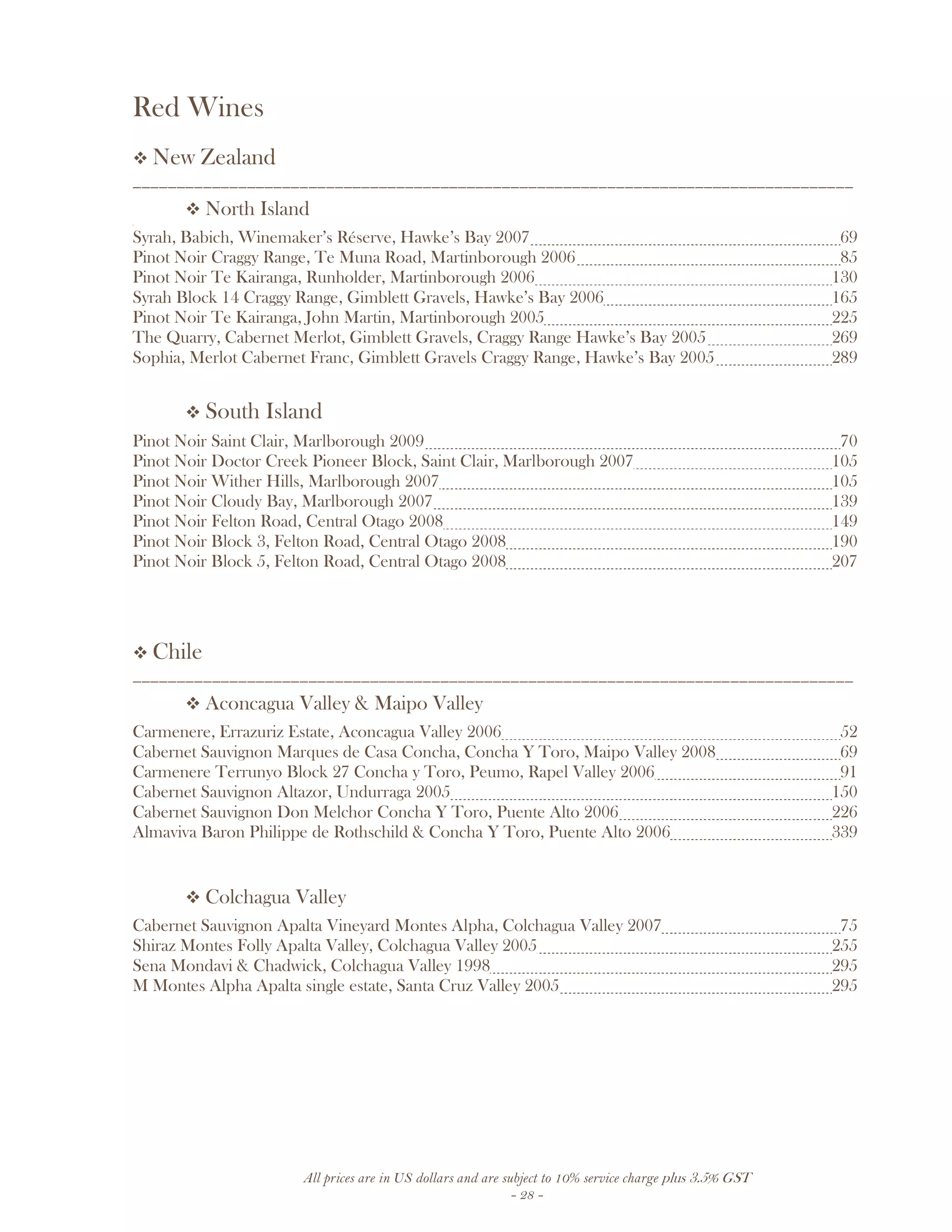 All prices are in US dollars and are subject to 10% service charge plus 3.5% GST
- 28 -
Red Wines
New Zealand
__________________________________________________________________________________
North Island
.
Syrah, Babich, Winemaker’s Réserve, Hawke’s Bay 2007 69
Pinot Noir Craggy Range, Te Muna Road, Martinborough 2006 85
Pinot Noir Te Kairanga, Runholder, Martinborough 2006 130
Syrah Block 14 Craggy Range, Gimblett Gravels, Hawke’s Bay 2006 165
Pinot Noir Te Kairanga, John Martin, Martinborough 2005 225
The Quarry, Cabernet Merlot, Gimblett Gravels, Craggy Range Hawke’s Bay 2005 269
Sophia, Merlot Cabernet Franc, Gimblett Gravels Craggy Range, Hawke’s Bay 2005 289
South Island
Pinot Noir Saint Clair, Marlborough 2009 70
Pinot Noir Doctor Creek Pioneer Block, Saint Clair, Marlborough 2007 105
Pinot Noir Wither Hills, Marlborough 2007 105
Pinot Noir Cloudy Bay, Marlborough 2007 139
Pinot Noir Felton Road, Central Otago 2008 149
Pinot Noir Block 3, Felton Road, Central Otago 2008 190
Pinot Noir Block 5, Felton Road, Central Otago 2008 207
Chile
__________________________________________________________________________________
Aconcagua Valley & Maipo Valley
Carmenere, Errazuriz Estate, Aconcagua Valley 2006 52
Cabernet Sauvignon Marques de Casa Concha, Concha Y Toro, Maipo Valley 2008 69
Carmenere Terrunyo Block 27 Concha y Toro, Peumo, Rapel Valley 2006 91
Cabernet Sauvignon Altazor, Undurraga 2005 150
Cabernet Sauvignon Don Melchor Concha Y Toro, Puente Alto 2006 226
Almaviva Baron Philippe de Rothschild & Concha Y Toro, Puente Alto 2006 339
Colchagua Valley
Cabernet Sauvignon Apalta Vineyard Montes Alpha, Colchagua Valley 2007 75
Shiraz Montes Folly Apalta Valley, Colchagua Valley 2005 255
Sena Mondavi & Chadwick, Colchagua Valley 1998 295
M Montes Alpha Apalta single estate, Santa Cruz Valley 2005 295
 