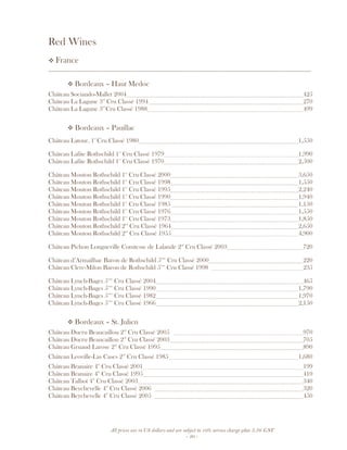 All prices are in US dollars and are subject to 10% service charge plus 3.5% GST
- 20 -
Red Wines
France
__________________________________________________________________________________
Bordeaux – Haut Medoc
Château Sociando-Mallet 2004 425
Château La Lagune 3rd
Cru Classé 1994 270
Château La Lagune 3rd
Cru Classé 1988 499
Bordeaux – Pauillac
Château Latour, 1er
Cru Classé 1980 1,550
Château Lafite Rothschild 1er
Cru Classé 1979 1,990
Château Lafite Rothschild 1er
Cru Classé 1970 2,500
Château Mouton Rothschild 1er
Cru Classé 2000 3,650
Château Mouton Rothschild 1er
Cru Classé 1998 1,550
Château Mouton Rothschild 1er
Cru Classé 1995 2,240
Château Mouton Rothschild 1er
Cru Classé 1990 1,940
Château Mouton Rothschild 1er
Cru Classé 1985 1,150
Château Mouton Rothschild 1er
Cru Classé 1976 1,550
Château Mouton Rothschild 1er
Cru Classé 1973 1,850
Château Mouton Rothschild 2nd
Cru Classé 1964 2,650
Château Mouton Rothschild 2nd
Cru Classé 1955 4,900
Château Pichon Longueville Comtesse de Lalande 2nd
Cru Classé 2003 720
Château d’Armailhac Baron de Rothschild 5ème
Cru Classé 2000 220
Château Clerc-Milon Baron de Rothschild 5ème
Cru Classé 1998 235
Château Lynch-Bages 5ème
Cru Classé 2004 465
Château Lynch-Bages 5ème
Cru Classé 1990 1,790
Château Lynch-Bages 5ème
Cru Classé 1982 1,970
Château Lynch-Bages 5ème
Cru Classé 1966 2,150
Bordeaux – St. Julien
Château Ducru Beaucaillou 2nd
Cru Classé 2005 970
Château Ducru Beaucaillou 2nd
Cru Classé 2003 705
Château Gruaud Larose 2nd
Cru Classé 1995 890
Château Leoville-Las Cases 2nd
Cru Classé 1985 1,680
Château Branaire 4th
Cru Classé 2001 199
Château Branaire 4th
Cru Classé 1995 410
Château Talbot 4th
Cru Classé 2003 340
Château Beychevelle 4th
Cru Classé 2006 320
Château Beychevelle 4th
Cru Classé 2005 450
 