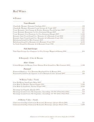 All prices are in US dollars and are subject to 10% service charge plus 3.5% GST
- 23 -
Red Wines
France
__________________________________________________________________________________
Vosne RomanéeVosne RomanéeVosne RomanéeVosne Romanée
Chambolle Musigny, Domaine Charlopin 2005 338
Chambolle Musigny, Domaine Comte Georges de Vogüé 2007 435
Vosne Romanée, Aux Champs de Perdrix, Domaine Pascal Chevigny 2007 325
Vosne Romanée Beaumonts 1er Cru, Emmanuel Rouget 2007 435
Vosne Romanée Cros Parantoux 1er Cru, Emmanuel Rouget 2007 1,180
Romanée Saint Vivant Grand Cru, Domaine de la Romanèe Conti 2002 1,990
Romanée Saint Vivant Grand Cru, Domaine de la Romanèe Conti 1984 2,500
Richebourg Grand Cru Méo Camuzet 2007 2,180
Richebourg Grand Cru Domaine de la Romanèe Conti 1965 4,500
La Tache Grand Cru Domaine de la Romanèe Conti 1990 19,950
Nuits Saint GeorgesNuits Saint GeorgesNuits Saint GeorgesNuits Saint Georges
Nuits Saint Georges Les Chaignots 1er Cru, Georges Mugneret-Gibourg 2006 264
Burgundy - Côte de Beaune
AloxeAloxeAloxeAloxe ---- CortonCortonCortonCorton
Corton Hospices de Beaune Cuvée Docteur Peste Grand Cru, Méo Camuzet 2005 1,188
PommardPommardPommardPommard
Pommard Rugiens 1er
Cru, Domaine Bouchard Côte de Beaune 2004 179
Pommard Grand Clos des Epenots 1er Cru Domaine Comte Armand 2007 440
Rhône Valley - North
Côte Du Rhône Saint-Esprit, Delas 2007 45
Côte Rôtie La Mouline, Etienne Guigal 1993 1,500
Côte Rôtie La Landonne, Etienne Guigal 1989 2,500
Hermitage La Chapelle, Jaboulet 2004 450
Hermitage Grande Cuvée M. Chapoutier, Assemblage 170 NV (1964/1965/1966) 750
Hermitage Grande Cuvée M. Chapoutier, Assemblage 167 NV (1961/1962/1963) 950
Rhône Valley – South
Châteauneuf du Pape Château de Beaucastel, Hommage a Jacques Perrin 2006 315
Châteauneuf du Pape Château de Beaucastel, Hommage a Jacques Perrin 1995 1,200
 