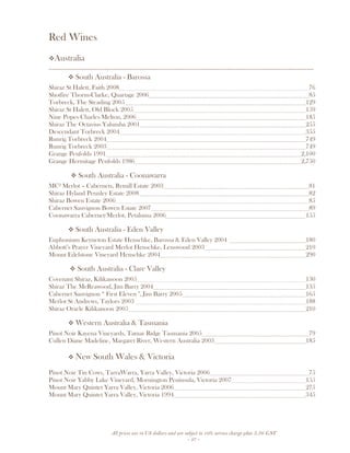 All prices are in US dollars and are subject to 10% service charge plus 3.5% GST
- 27 -
Red Wines
Australia
__________________________________________________________________________________
South Australia - Barossa
Shiraz St Halett, Faith 2008 76
Shotfire Thorm-Clarke, Quartage 2006 85
Torbreck, The Steading 2005 129
Shiraz St Halett, Old Block 2005 159
Nine Popes Charles Melton, 2006 185
Shiraz The Octavius Yalumba 2001 255
Descendant Torbreck 2004 355
Runrig Torbreck 2004 749
Runrig Torbreck 2003 749
Grange Penfolds 1991 2,100
Grange Hermitage Penfolds 1986 2,750
South Australia - Coonawarra
MC² Merlot – Cabernets, Rymill Estate 2003 81
Shiraz Hyland Pennley Estate 2008 82
Shiraz Bowen Estate 2006 85
Cabernet Sauvignon Bowen Estate 2007 89
Coonawarra Cabernet/Merlot, Petaluma 2006 155
South Australia - Eden Valley
Euphonium Keyneton Estate Henschke, Barossa & Eden Valley 2004 180
Abbott’s Prayer Vineyard Merlot Henschke, Lenswood 2003 210
Mount Edelstone Vineyard Henschke 2004 290
South Australia - Clare Valley
Covenant Shiraz, Kilikanoon 2005 130
Shiraz The McReawood, Jim Barry 2004 135
Cabernet Sauvignon “ First Eleven ", Jim Barry 2005 165
Merlot St Andrews, Taylors 2003 188
Shiraz Oracle Kilikanoon 2005 210
Western Australia & Tasmania
Pinot Noir Kayena Vineyards, Tamar Ridge Tasmania 2005 79
Cullen Diane Madeline, Margaret River, Western Australia 2003 185
New South Wales & Victoria
Pinot Noir Tin Cows, TarraWarra, Yarra Valley, Victoria 2006 75
Pinot Noir Yabby Lake Vineyard, Mornington Peninsula, Victoria 2007 155
Mount Mary Quintet Yarra Valley, Victoria 2006 275
Mount Mary Quintet Yarra Valley, Victoria 1994 345
 