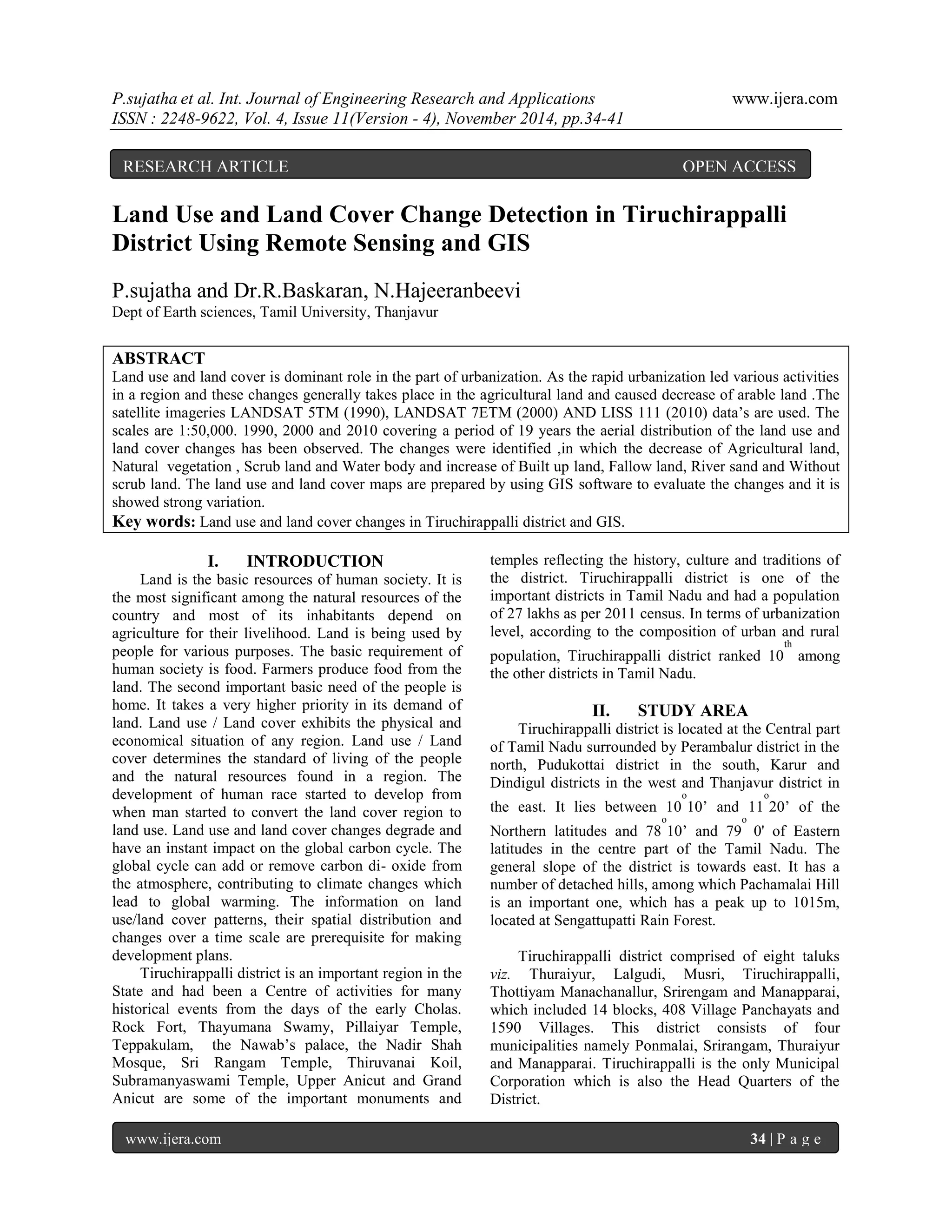 Land Use and Land Cover Change Detection in Tiruchirappalli District ...