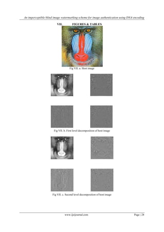 An imperceptible blind image watermarking scheme for image authentication using DNA encoding
www.ijeijournal.com Page | 28
VII. FIGURES & TABLES
Fig VII. a. Host image
Fig VII. b. First level decomposition of host image
Fig VII. c. Second level decomposition of host image
 