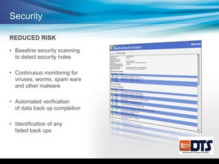 REDUCED RISK
• Baseline security scanning
to detect security holes
• Continuous monitoring for
viruses, worms, spam ware
and other malware
• Automated verification
of data back up completion
• Identification of any
failed back ups
Security
 