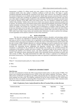 Effects of government taxation policy on sales...
www.ijbmi.org 33 | Page
measurement is reliable if it reflects mostly true score, relative to the error. In this study, the items were
considered reliable when they yielded a reliability coefficient of 0.50 and above. This figure is usually
considered respectable and desirable for consistency levels (Koul, 2002). However, the Cronbach’s coefficient
the research instruments are not reliable and the researcher should make necessary corrections before using the
instruments to collect data. In addition, the reliability was established through the pilot-test whereby some items
were either added or dropped to enable modification of the instrument. The interview schedules were pilot tested
by using two directors of the SME within Uasin Gishu County. This was intended to establish the construct
validity of the schedules. Validity refers to the level at which a test measures what the instruments actually wish
to measure. The question on how government taxation policy affecting the profitability and growth of small and
medium enterprises in Huruma Estate, Uasin Gishu County, Kenya will be validated by adopting (Yin, 2003)
solution for validity. This includes use of multiple sources of information, to establish a chain of evidence, and
to have key informants review the report. Also, multiple sources of information will be used in the form of three
kinds of sources: literature review on previous empirical research, primary data in the form of interviews with
SME within Uasin Gishu County, Kenya and researcher direct observation. In order to perform this technique
several respondents will be asked to comment on some of the conclusions.
II. DATAANALYSIS
The data were analyzed statistically using correlation analysis, descriptive and percentage analysis
methods. The analysis was undertaken to establish the degree of relationships between some pertinent factors
and issues as well as to show the relative size or significance of each factor relative to the others. Specifically,
correlation analysis was used to test hypotheses and show the extent of relationship between taxation policy and
the sales revenue of SME; Multiple regression as a statistical technique was used to examine the way a number
of independent variables relate to one dependent variable. The Multiple Regressions Analysis was used to
determine the relationship between independent and dependent variables. The coefficient of multiple
correlations is symbolized by the correlation R which indicates the strength of the correlation between the
combination of the predictor variables and criteria variables. The analytical model for this research, which was
developed and justified in the literature review, and which ultimately, provides structure to the empirical
analysis. This analytical schema represented the model of the relationship between government tax policy and
sales revenue of SMEs. The model demonstrated how SME sales revenue is expected to be influenced by
government taxation policy. The following regression model was expressed in mathematical notation as follows:
Y= β0 + β1X1+ ε
Where Y = Government taxation policy X1= Sales revenue of SME
β= Beta.
ε = Error term
V: RESULTS AND DISCUSSION
Sales Revenue
Six items were proposed to measure the effect of government taxation policy on sales revenue of SMEs. Two
factors were extracted and accounted for up to 58.69% of the total variance explained. The Kauser –Meyer –
Olkin (0.641) and Bartlett‟s test sphericity (p<0.0001) indicated that data were adequate for factor analysis. All
factor loadings were above 0.60. The reliability coefficient for the five items extracted was 0.701 which shows
that the five items were reliable in measuring effect of taxation policy on sales revenue. Table 3 presents results
of the factor analysis of effects of taxation policy on sales revenue.
Table 3: Exploratory Factor Analysis Results for effect of Taxation Policy on Sales Revenue
Constructs and scales Loading Eigenvalues Cum.
Variance
Explained
Effect of Taxation on Sales Revenue .701* 2.443 40.721
Factor1
The regressive nature of taxes on SME reduces .805
their revenue base
 
