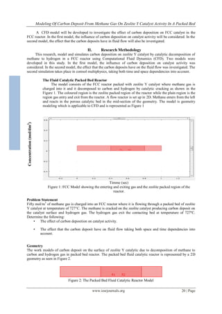 Modeling Of Carbon Deposit From Methane Gas On Zeolite Y Catalyst Activity In A Packed Bed
www.iosrjournals.org 20 | Page
Concentration(mol/dm3
)
A CFD model will be developed to investigate the effect of carbon deposition on FCC catalyst in the
FCC reactor. In the first model, the influence of carbon deposition on catalyst activity will be considered. In the
second model, the effect that the carbon deposits have in fluid flow will also be investigated.
II. Research Methodology
This research, model and simulates carbon deposition on zeolite Y catalyst by catalytic decomposition of
methane to hydrogen in a FCC reactor using Computational Fluid Dynamics (CFD). Two models were
developed in this study. In the first model, the influence of carbon deposition on catalyst activity was
considered. In the second model, the effect that the carbon deposits have on the fluid flow was investigated. The
second simulation takes place in comsol multiphysics, taking both time and space dependencies into account.
The Fluid Catalytic Packed Bed Reactor
The model consists of the FCC reactor packed with zeolite Y catalyst where methane gas is
charged into it and it decomposed to carbon and hydrogen by catalytic cracking as shown in the
Figure 1. The coloured region is the zeolite packed region of the reactor while the plain region is the
region gas entry and exit from the reactor. A flow reactor is set up in 2D. Methane enters from the left
and reacts in the porous catalytic bed in the mid-section of the geometry. The model is geometry
modeling which is applicable to CFD and is represented as Figure 1
Timme (sec)
Figure 1: FCC Model showing the entering and exiting gas and the zeolite packed region of the
reactor.
Problem Statement
Fifty mol/m3
of methane gas is charged into an FCC reactor where it is flowing through a packed bed of zeolite
Y catalyst at temperature of 727°C. The methane is cracked on the zeolite catalyst producing carbon deposit on
the catalyst surface and hydrogen gas. The hydrogen gas exit the contacting bed at temperature of 727ºC.
Determine the following:
• The effect of carbon deposition on catalyst activity.
• The effect that the carbon deposit have on fluid flow taking both space and time dependencies into
account.
Geometry
The work models of carbon deposit on the surface of zeolite Y catalytic due to decomposition of methane to
carbon and hydrogen gas in packed bed reactor. The packed bed fluid catalytic reactor is represented by a 2D
geometry as seen in Figure 2.
Figure 2: The Packed Bed Fluid Catalytic Reactor Model
 