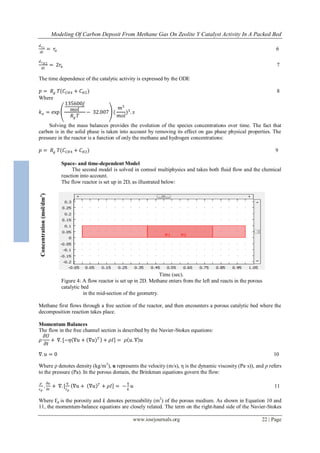 Modeling Of Carbon Deposit From Methane Gas On Zeolite Y Catalyst Activity In A Packed Bed
www.iosrjournals.org 22 | Page
Concentration(mol/dm3
)𝑑 𝑐 𝑐
𝑑𝑡
= 𝑟𝑎 6
𝑑 𝑐 𝐻2
𝑑𝑡
= 2𝑟𝑎 7
The time dependence of the catalytic activity is expressed by the ODE
𝑝 = 𝑅𝑔 𝑇(𝐶 𝐶𝐻4 + 𝐶 𝐻2) 8
Where
𝑘 𝑎 = exp
135600𝐽
𝑚𝑜𝑙
𝑅𝑔 𝑇
− 32.007 (
𝑚3
𝑚𝑜𝑙
)3
. 𝑠
Solving the mass balances provides the evolution of the species concentrations over time. The fact that
carbon is in the solid phase is taken into account by removing its effect on gas phase physical properties. The
pressure in the reactor is a function of only the methane and hydrogen concentrations:
𝑝 = 𝑅𝑔 𝑇(𝐶 𝐶𝐻4 + 𝐶 𝐻2) 9
Space- and time-dependent Model
The second model is solved in comsol multiphysics and takes both fluid flow and the chemical
reaction into account.
The flow reactor is set up in 2D, as illustrated below:
Time (sec).
Figure 4: A flow reactor is set up in 2D. Methane enters from the left and reacts in the porous
catalytic bed
in the mid-section of the geometry.
Methane first flows through a free section of the reactor, and then encounters a porous catalytic bed where the
decomposition reaction takes place.
Momentum Balances
The flow in the free channel section is described by the Navier-Stokes equations:
𝜌
𝜕𝑈
𝜕𝑡
+ ∇. [−𝜂 ∇𝑢 + ∇𝑢) 𝑇
+ 𝜌𝐼 = 𝜌 𝑢. ∇ 𝑢
∇. 𝑢 = 0 10
Where ρ denotes density (kg/m3
), u represents the velocity (m/s), η is the dynamic viscosity (Pa·s)), and p refers
to the pressure (Pa). In the porous domain, the Brinkman equations govern the flow:
𝜌
𝜀 𝑝
.
𝜕𝑢
𝜕𝑡
+ ∇. [
𝜂
𝜀 𝑝
∇𝑢 + ∇𝑢 𝑇
+ 𝜌𝐼 = −
𝜂
𝑘
𝑢 11
Where Ԑp is the porosity and k denotes permeability (m2
) of the porous medium. As shown in Equation 10 and
11, the momentum-balance equations are closely related. The term on the right-hand side of the Navier-Stokes
 