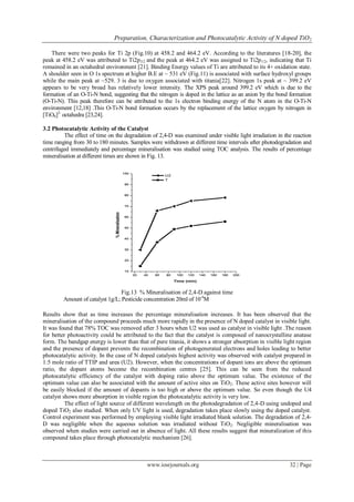 Preparation, Characterization and Photocatalytic Activity of N doped TiO2
www.iosrjournals.org 32 | Page
There were two peaks for Ti 2p (Fig.10) at 458.2 and 464.2 eV. According to the literatures [18-20], the
peak at 458.2 eV was attributed to Ti2p3/2 and the peak at 464.2 eV was assigned to Ti2p1/2, indicating that Ti
remained in an octahedral environment [21]. Binding Energy values of Ti are attributed to its 4+ oxidation state.
A shoulder seen in O 1s spectrum at higher B.E at ~ 531 eV (Fig.11) is associated with surface hydroxyl groups
while the main peak at ~529. 3 is due to oxygen associated with titania[22]. Nitrogen 1s peak at ~ 399.2 eV
appears to be very broad has relatively lower intensity. The XPS peak around 399.2 eV which is due to the
formation of an O-Ti-N bond, suggesting that the nitrogen is doped in the lattice as an anion by the bond formation
(O-Ti-N). This peak therefore can be attributed to the 1s electron binding energy of the N atom in the O-Ti-N
environment [12,18] .This O-Ti-N bond formation occurs by the replacement of the lattice oxygen by nitrogen in
[TiO6]2-
octahedra [23,24].
3.2 Photocatalytic Activity of the Catalyst
The effect of time on the degradation of 2,4-D was examined under visible light irradiation in the reaction
time ranging from 30 to 180 minutes. Samples were withdrawn at different time intervals after photodegradation and
centrifuged immediately and percentage mineralisation was studied using TOC analysis. The results of percentage
mineralisation at different times are shown in Fig. 13.
Fig.13 % Mineralisation of 2,4-D against time
Amount of catalyst 1g/L; Pesticide concentration 20ml of 10-4
M
Results show that as time increases the percentage mineralisation increases. It has been observed that the
mineralisation of the compound proceeds much more rapidly in the presence of N doped catalyst in visible light.
It was found that 78% TOC was removed after 3 hours when U2 was used as catalyst in visible light .The reason
for better photoactivity could be attributed to the fact that the catalyst is composed of nanocrystalline anatase
form. The bandgap energy is lower than that of pure titania, it shows a stronger absorption in visible light region
and the presence of dopant prevents the recombination of photogenerated electrons and holes leading to better
photocatalytic activity. In the case of N doped catalysts highest activity was observed with catalyst prepared in
1:5 mole ratio of TTIP and urea (U2). However, when the concentrations of dopant ions are above the optimum
ratio, the dopant atoms become the recombination centres [25]. This can be seen from the reduced
photocatalytic efficiency of the catalyst with doping ratio above the optimum value. The existence of the
optimum value can also be associated with the amount of active sites on TiO2. These active sites however will
be easily blocked if the amount of dopants is too high or above the optimum value. So even though the U4
catalyst shows more absorption in visible region the photocatalytic activity is very low.
The effect of light source of different wavelength on the photodegradation of 2,4-D using undoped and
doped TiO2 also studied. When only UV light is used, degradation takes place slowly using the doped catalyst.
Control experiment was performed by employing visible light irradiated blank solution. The degradation of 2,4-
D was negligible when the aqueous solution was irradiated without TiO2. Negligible mineralisation was
observed when studies were carried out in absence of light. All these results suggest that mineralization of this
compound takes place through photocatalytic mechanism [26].
20 40 60 80 100 120 140 160 180 200
10
20
30
40
50
60
70
80
90
100
20 40 60 80 100 120 140 160 180 200
10
20
30
40
50
60
70
80
90
100
20 40 60 80 100 120 140 160 180 200
10
20
30
40
50
60
70
80
90
100
%Mineralisation
U2
T
Time (min)
 