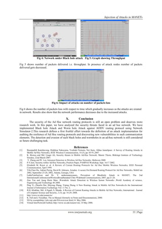 Injection of Attacks in MANETs
www.iosrjournals.org 33 | Page
Fig 4: Network under Black hole attack Fig 5: Graph showing Throughput
Fig 5 shows number of packets delivered i.e. throughput. In presence of attack nodes number of packets
delivered gets decreased.
Fig 6: Impact of attacks on number of packets loss
Fig 6 shows the number of packets loss with respect to time which gradually increases as the attacks are created
in network. Results also show that the network performance decreases due to the increased attacks.
X. Conclusion
The security of the Ad Hoc network routing protocols is still an open problem and deserves more
research work. In this paper, we have analyzed the security threats faced in an ad hoc network. We have
implemented Black hole Attack and Worm hole Attack against AODV routing protocol using Network
Simulator-2.This research defines a first fruitful effort towards the definition of an attack implementation for
auditing the resilience of Ad Hoc routing protocols and discovering new vulnerabilities in such communication
elements. The detection and evasion of such black holes and wormholes in an ad-hoc network is still considered
as future challenging task.
References
[1] Bounpadith Kannhavong, Hidehisa Nakayama, Yoshiaki Nemoto, Nei Kato, Abbas Jamalipour. A Survey of Routing Attacks in
Mobile Ad Hoc Networks, IEEE Wireless Communication, 14 (5), pp. 85-91,2007
[2] K. Biswas and Md. Liaqat Ali, Security threats in Mobile Ad-Hoc Network, Master Thesis, Blekinge Institute of Technology
Sweden, 22nd March 2007.
[3] Y. Zhang and W. Lee, Intrusion Detection in Wireless Ad Hoc Networks, Mobicom 2000
[4] P.V.Jani, Security within Ad-Hoc Networks, Position Paper, PAMPAS Workshop, Sept. 16/17 2002.
[5] Elizabeth M. Royer et. al. A Review of Current Routing Protocols for Ad Hoc Mobile Wireless Networks, IEEE Personal
Communication, April 1999.
[6] Yih-Chun Hu, Adrian Perrig, David B. Johnson, Ariadne: A secure On-Demand Routing Protocol for Ad Hoc Networks, MobiCom
2002, September 23-28, 2002, Atlanta, Georgia, USA
[7] LathaTamilselvan and Dr. V sankaranarayanan,, Prevention of Blackhole Attack in MANET, The 2nd
InternationalConferenceonWirelessBroadbandand Ultra Wideband Communications, 2007, pp.21-26.
[8] Zaw Tun and Aung Htein Maw ,Wormhole Attack Detection in Wireless Sensor Networks ,World Academy of science,
Engineering and Technology 46 2008.
[9] Ping Yi, Zhoulin Dai, Shiyong Zhang, Yiping Zhong A New Routing Attack in Mobile Ad Hoc Networks.In the International
Journal of Information Technology Vol. 11 No. 2.
[10] R.H. Khokhar, Md. A.Ngadi, S. Manda. A Review of Current Routing Attacks in Mobile Ad Hoc Networks, International. Journal
of Computer Science and Security, 2 (3), pp. 18-29, 2008.
[11] http://www.isi.edu/nsnam/ns/
[12] K. Fall and e Varadhan. The ns Manual (formerly ns Notes and Documentation), 2000.
[13] NS by examplehttp://nile.wpi.edu/NS/overview.html,14 May 2006.
[14] Virtual InterNetworkTestbed, http://www.isi.edu/nsnam/vint, 14 May 2006.
 