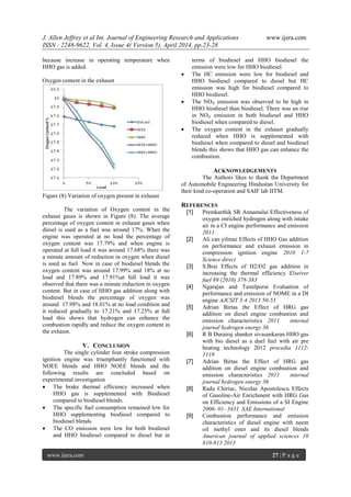 J. Allen Jeffrey et al Int. Journal of Engineering Research and Applications www.ijera.com
ISSN : 2248-9622, Vol. 4, Issue 4( Version 5), April 2014, pp.23-28
www.ijera.com 27 | P a g e
because increase in operating temperature when
HHO gas is added.
Oxygen content in the exhaust
Figure (8) Variation of oxygen present in exhaust
The variation of Oxygen content in the
exhaust gases is shown in Figure (8). The average
percentage of oxygen content in exhaust gases when
diesel is used as a fuel was around 17%. When the
engine was operated at no load the percentage of
oxygen content was 17.79% and when engine is
operated at full load it was around 17.68% there was
a minute amount of reduction in oxygen when diesel
is used as fuel Now in case of biodiesel blends the
oxygen content was around 17.99% and 18% at no
load and 17.89% and 17.91%at full load it was
observed that there was a minute reduction in oxygen
content. But in case of HHO gas addition along with
biodiesel blends the percentage of oxygen was
around 17.98% and 18.01% at no load condition and
it reduced gradually to 17.21% and 17.25% at full
load this shows that hydrogen can enhance the
combustion rapidly and reduce the oxygen content in
the exhaust.
V. CONCLUSION
The single cylinder four stroke compression
ignition engine was triumphantly functioned with
NOEE blends and HHO NOEE blends and the
following results are concluded based on
experimental investigation
 The brake thermal efficiency increased when
HHO gas is supplemented with Biodiesel
compared to biodiesel blends.
 The specific fuel consumption remained low for
HHO supplementing biodiesel compared to
biodiesel blends.
 The CO emission were low for both biodiesel
and HHO biodiesel compared to diesel but in
terms of biodiesel and HHO biodiesel the
emission were low for HHO biodiesel.
 The HC emission were low for biodiesel and
HHO biodiesel compared to diesel but HC
emission was high for biodiesel compared to
HHO biodiesel.
 The NOX emission was observed to be high in
HHO biodiesel than biodiesel. There was an rise
in NOX emission in both biodiesel and HHO
biodiesel when compared to diesel.
 The oxygen content in the exhaust gradually
reduced when HHO is supplemented with
biodiesel when compared to diesel and biodiesel
blends this shows that HHO gas can enhance the
combustion.
ACKNOWLEDGEMENTS
The Authors likes to thank the Department
of Automobile Engineering Hindustan University for
their kind co-operation and SAIF lab IITM.
REFERENCES
[1] Premkarthik SR Annamalai Effectiveness of
oxygen enriched hydrogen along with intake
air in a CI engine performance and emission
2011
[2] Ali can yilmaz Effects of HHO Gas addition
on performance and exhaust emission in
compression ignition engine 2010 1-7
Science direct
[3] S.Brai Effects of H2/O2 gas addition in
increasing the thermal efficiency Elseiver
fuel 89 (2010) 378-383
[4] Ngarajan and Tamilporai Evaluation of
performance and emission of NOME in a DI
engine AJCSIT 3:4 2013 50-55
[5] Adrian Birtas the Effect of HRG gas
addition on diesel engine combustion and
emission characteristics 2011 internal
journal hydrogen energy 36
[6] R B Durairaj shanker sivasankaran HHO gas
with bio diesel as a duel fuel with air pre
heating technology 2012 procedia 1112-
1119
[7] Adrian Birtas the Effect of HRG gas
addition on diesel engine combustion and
emission characteristics 2011 internal
journal hydrogen energy 36
[8] Radu Chiriac, Nicolae Apostolescu Effects
of Gasoline-Air Enrichment with HRG Gas
on Efficiency and Emissions of a SI Engine
2006- 01- 3431 SAE International
[9] Combustion performance and emission
characteristics of diesel engine with neem
oil methyl ester and its diesel blends
American journal of applied sciences 10
810-813 2013
 
