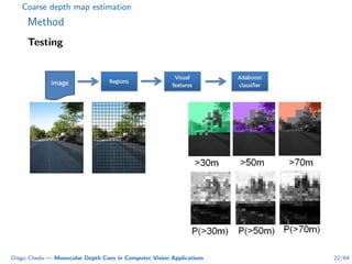 Coarse depth map estimation
Method
Testing
Diego Cheda — Monocular Depth Cues in Computer Vision Applications 22/64
 