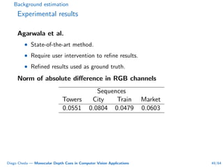 Background estimation
Experimental results
Agarwala et al.
• State-of-the-art method.
• Require user intervention to reﬁne results.
• Reﬁned results used as ground truth.
Norm of absolute diﬀerence in RGB channels
Sequences
Towers City Train Market
0.0551 0.0804 0.0479 0.0603
Diego Cheda — Monocular Depth Cues in Computer Vision Applications 49/64
 