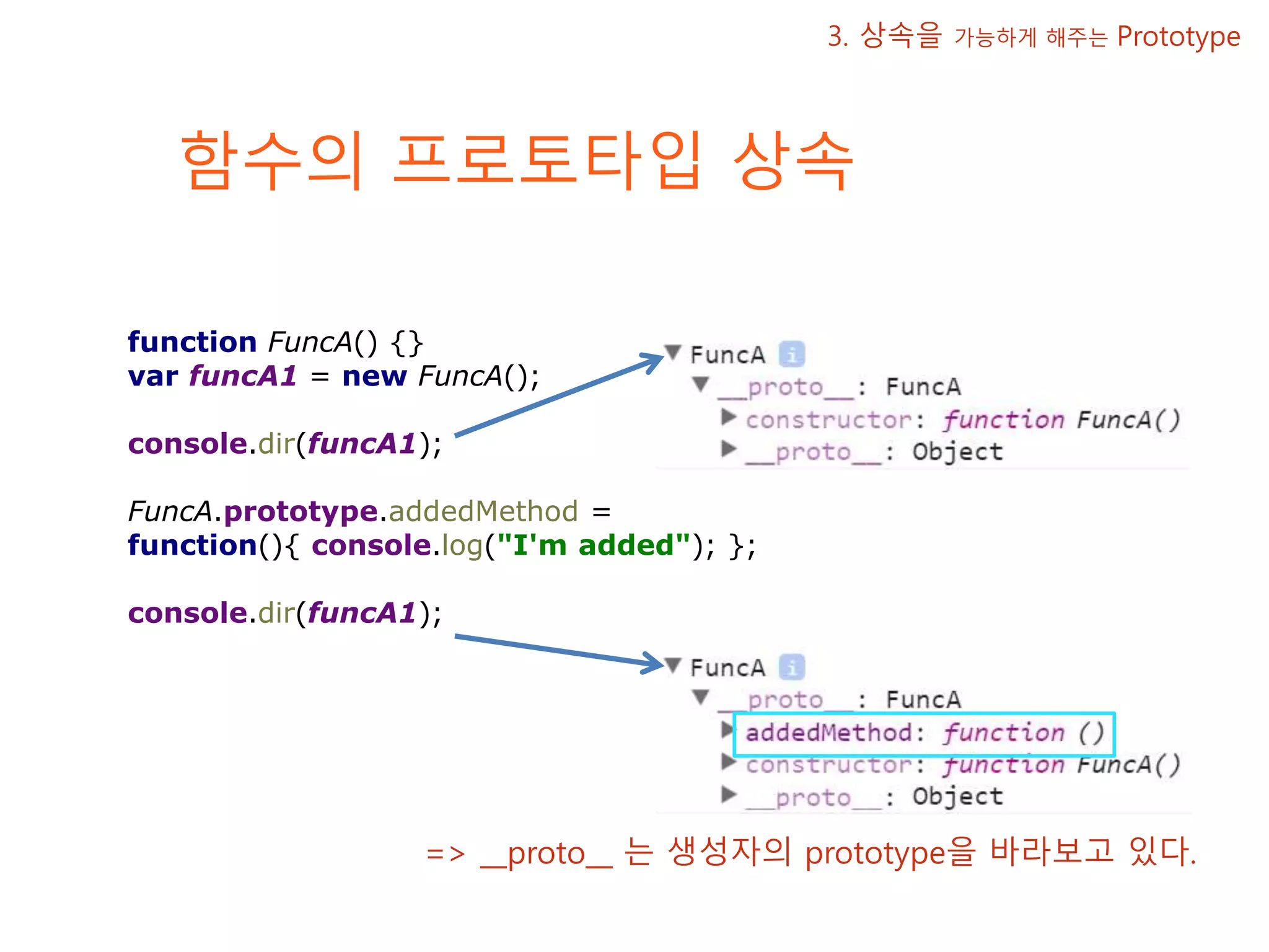 함수의 프로토타입 상속 3. 상속을 가능하게 해주는 Prototype => __proto__ 는 생성자의 prototype을 바라보고 있다. function FuncA() {} var funcA1 = new FuncA(); console.dir(funcA1); FuncA.prototype.addedMethod = function(){ console.log("I'm added"); }; console.dir(funcA1); 