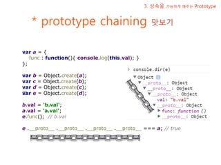 * prototype chaining 맛보기
3. 상속을 가능하게 해주는 Prototype
var a = {
func : function(){ console.log(this.val); }
};
var b = Object...