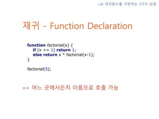 재귀 - Function Declaration
=> 어느 곳에서든지 이름으로 호출 가능
+@ 재귀함수를 구현하는 3가지 방법
function factorial(x) {
if (x <= 1) return 1;
else r...
