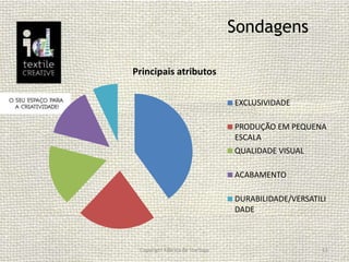 Copyright Fábrica de Startups 11
Principais atributos
EXCLUSIVIDADE
PRODUÇÃO EM PEQUENA
ESCALA
QUALIDADE VISUAL
ACABAMENTO
DURABILIDADE/VERSATILI
DADE
Sondagens
 